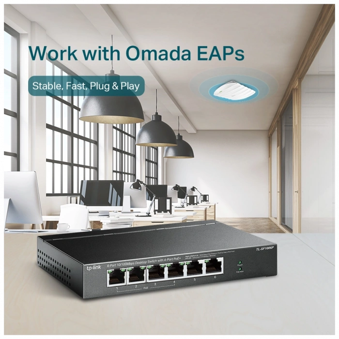 TP-LINK TL-SF1006P, 6 Port, MegaBit, 4 Port PoE 67W, Yönetilemez, Metal Kasalı Switch