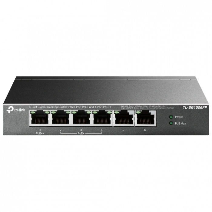 TP-LINK TL-SG1006PP, 6 Port, GigaBit, 4 Port PoE 64W, Yönetilemez, Metal Kasa, Masaüstü Switch