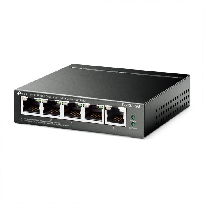 TP-LINK TL-SG105PE, 5 Port, GigaBit, 4 Port Poe, 65W, Easy Smart, Yönetilebilir, Metal Kasa, Masaüstü Switch
