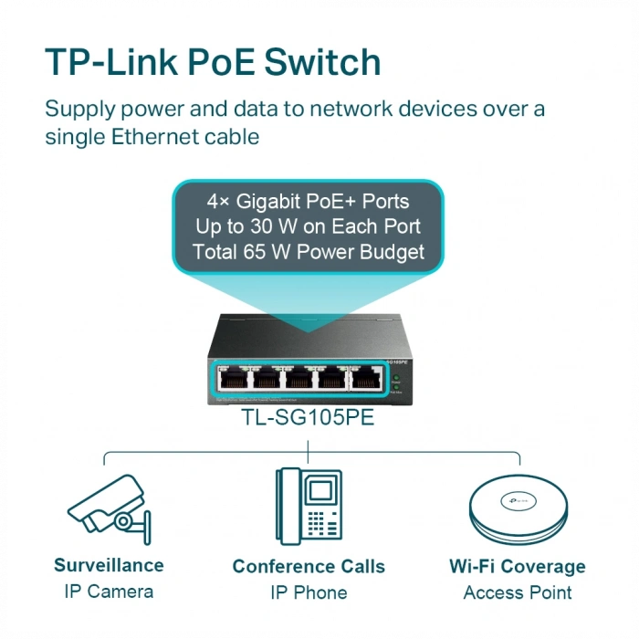 TP-LINK TL-SG105PE, 5 Port, GigaBit, 4 Port Poe, 65W, Easy Smart, Yönetilebilir, Metal Kasa, Masaüstü Switch