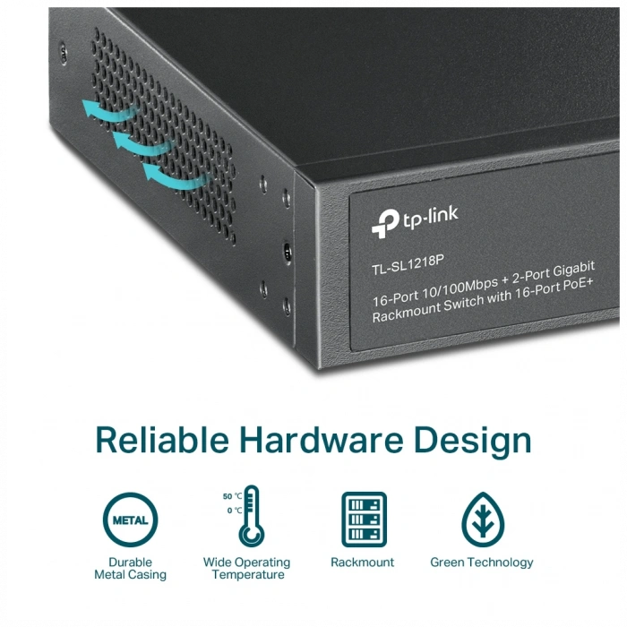 TP-LINK TL-SL1218P, 16 Port, Megabit, PoE 150W, 2 Port Gigabit Lan, 1 Port Gigabit Combo SFP, Yönetilemez, Rackmount, Switch