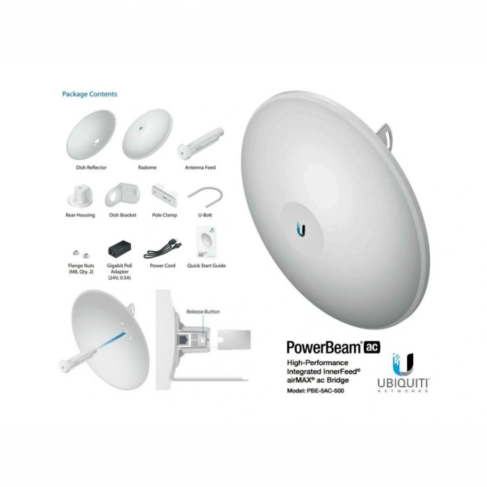 UBIQUITI PBE-5AC-500, PowerBeam, 5Ghz, 450Mbps, 27dBi Anten, Dış Ortam Access Point
