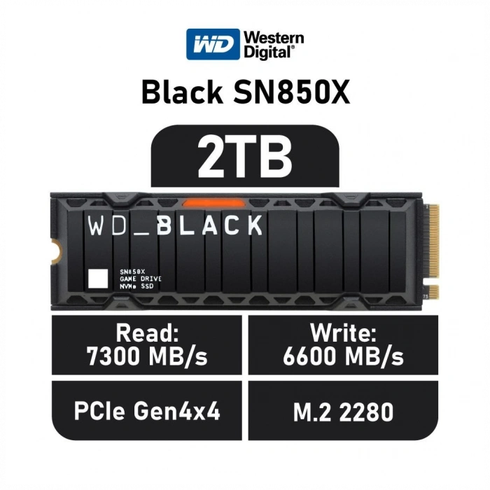 WD Black SN850X, WDS200T2XHE, 2TB, 7300/6600, Gen4, Soğutuculu, NVMe PCIe M.2 2280,  SSD
