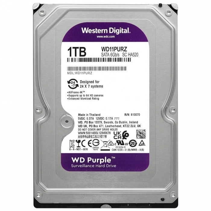 WD PURPLE, WD11PURZ, 3.5" 1TB, 64Mb, 5400 Rpm, 7/24 Güvenlik, HDD (Türkiye Distribütörü Garantili)