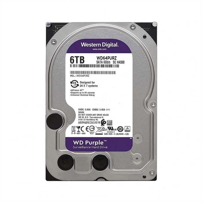 WD PURPLE, WD64PURZ, 3.5", 6TB, 256Mb, 5400 Rpm, 7/24 Güvenlik, HDD (Türkiye Distribütörü Garantili)