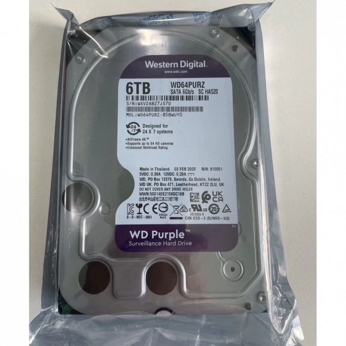 WD PURPLE, WD64PURZ, 3.5", 6TB, 256Mb, 5400 Rpm, 7/24 Güvenlik, HDD (Türkiye Distribütörü Garantili)