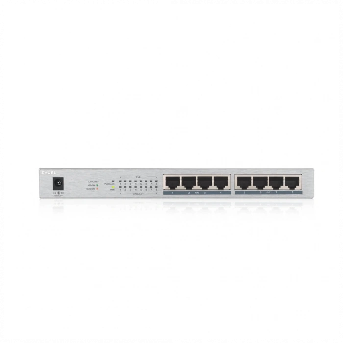 ZyXEL GS1008HP, 8 Port, GigaBit, PoE 60W, Yönetilemez, Masaüstü Switch