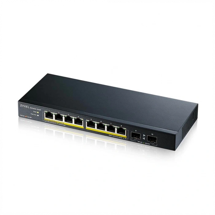 ZyXEL GS1100-10HP, 8 Port, Gigabit, PoE 130W, 2 Port GigaBit SFP, Yönetilemez, Masaüstü Switch