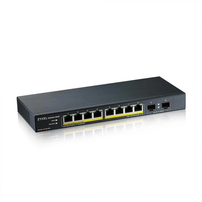 ZyXEL GS1100-10HP, 8 Port, Gigabit, PoE 130W, 2 Port GigaBit SFP, Yönetilemez, Masaüstü Switch
