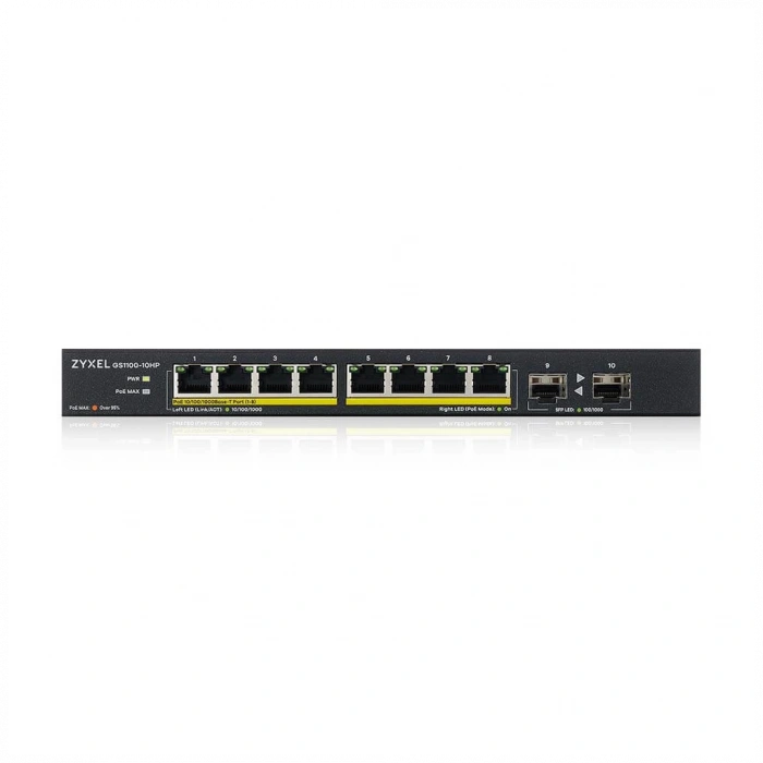 ZyXEL GS1100-10HP, 8 Port, Gigabit, PoE 130W, 2 Port GigaBit SFP, Yönetilemez, Masaüstü Switch