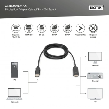DIGITUS DP-HDMI Görüntü Kablosu 1m  (AK.340303.010.S)