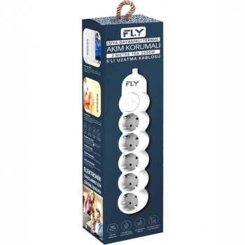 FLY 3394-01, 5 Soket, Akım Korumalı Priz, 2.1A, Anahtarlı, 2Mt Kablo, (Beyaz)