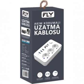 FLY 3406-01, 3 Soket, 3 USB, Akım Korumalı Priz, 2.1A, Anahtarlı, 2Mt Kablo, (Beyaz)