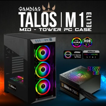 GAMDIAS TALOS M1 Elite, 750W, 80+ Bronze, Tempered Glass, ARGB, ATX GAMING KASA