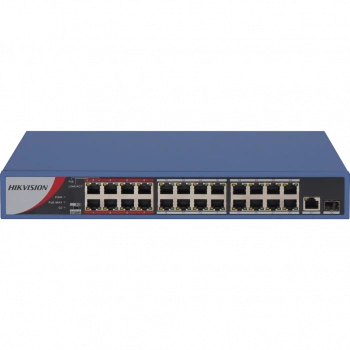 HIKVISION DS-3E0326P-E/M(B), 24 Port, MegaBit, PoE 250W, 1 Port GigaBit Uplink, 1 Port GigaBit SFP, Yönetilemez, Rack Mount Switch