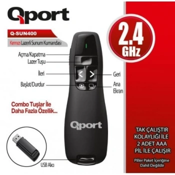 QPORT Q-SUN400 2.4 GHZ USB KIRMIZI LAZERLİ SUNUM KUMANDASI