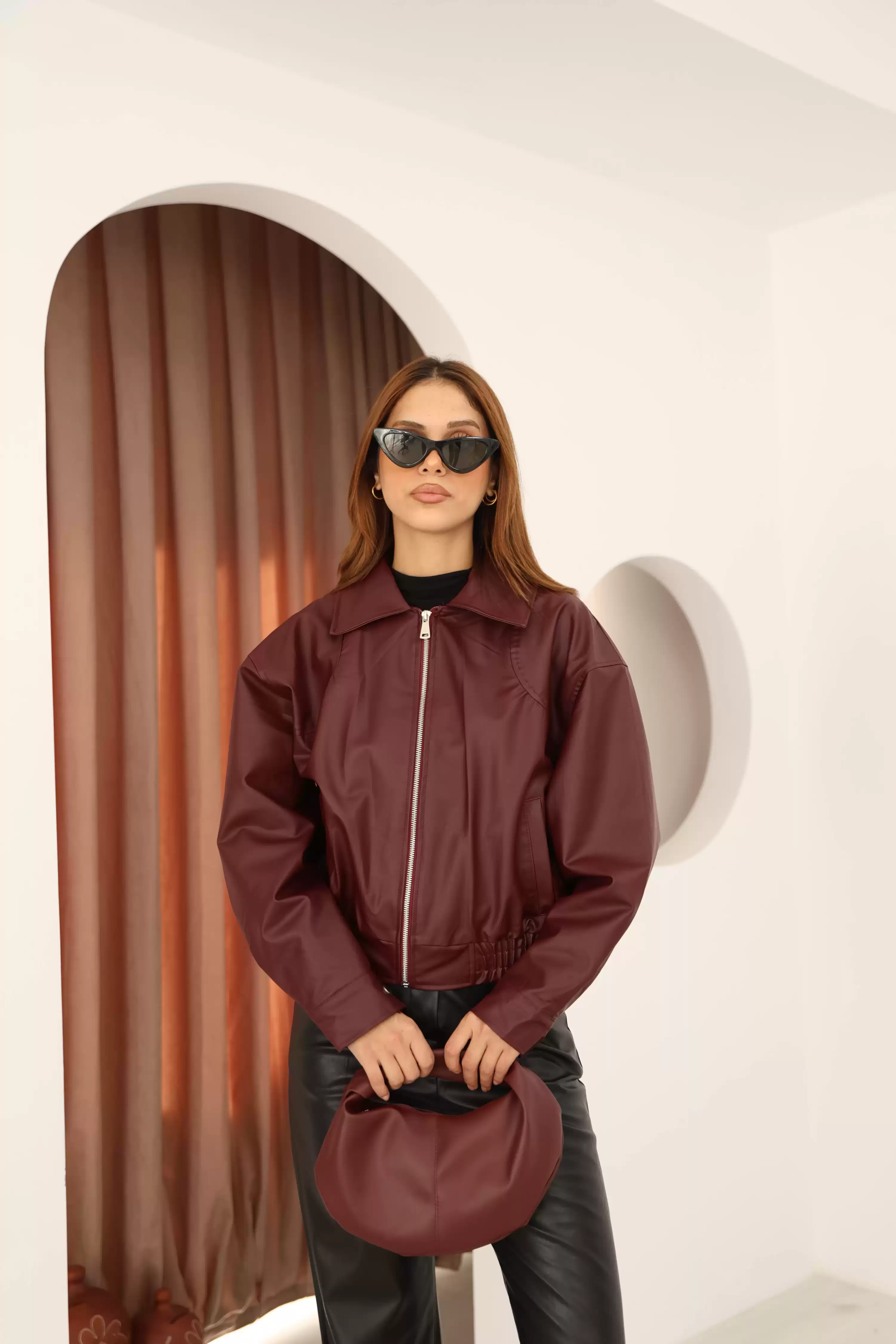 BEL LASTİKLİ ASTARLI DERİ CEKET-BORDO