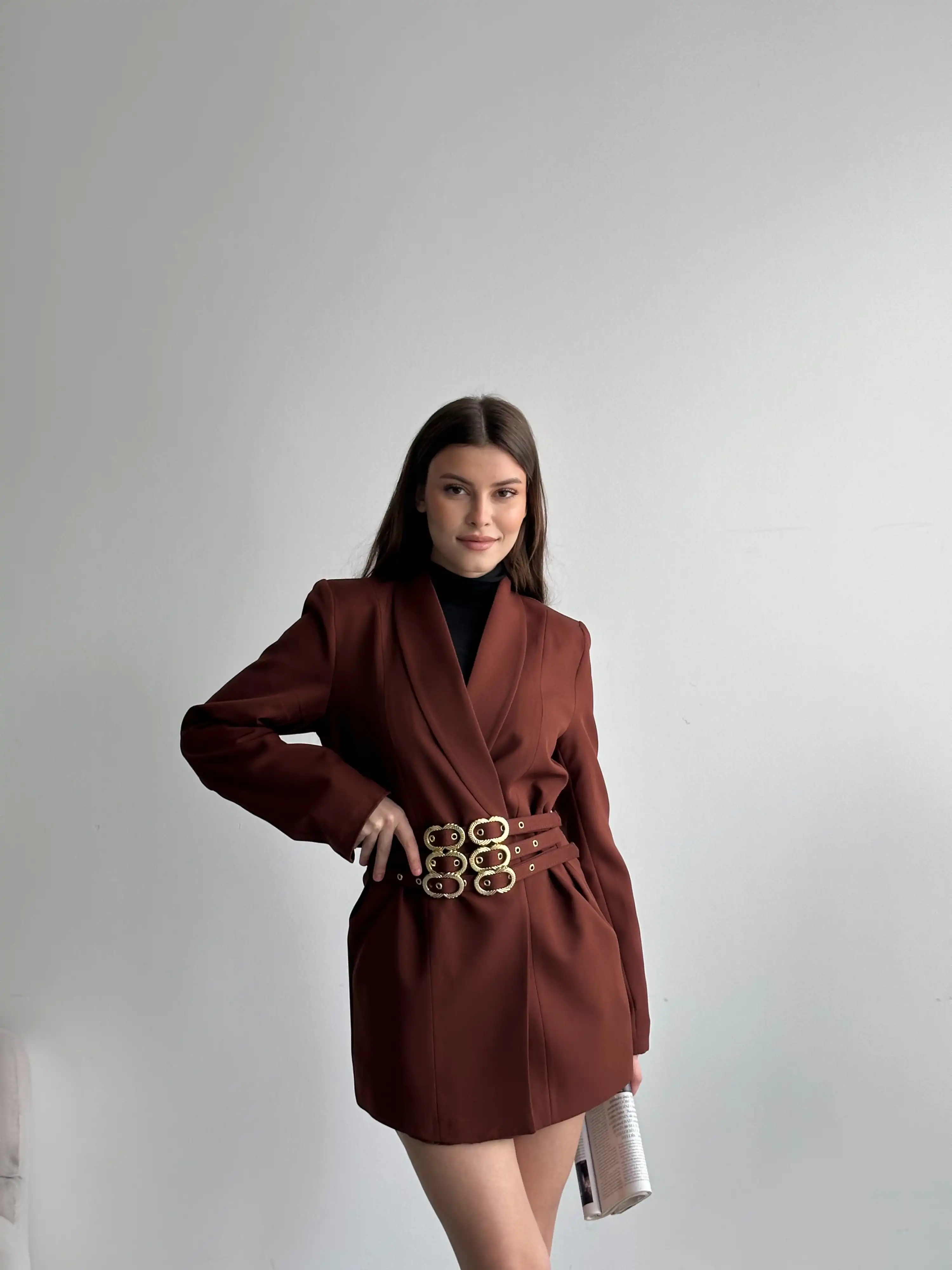 3 KEMER TASARIMLI BLAZER CEKET-KAHVE