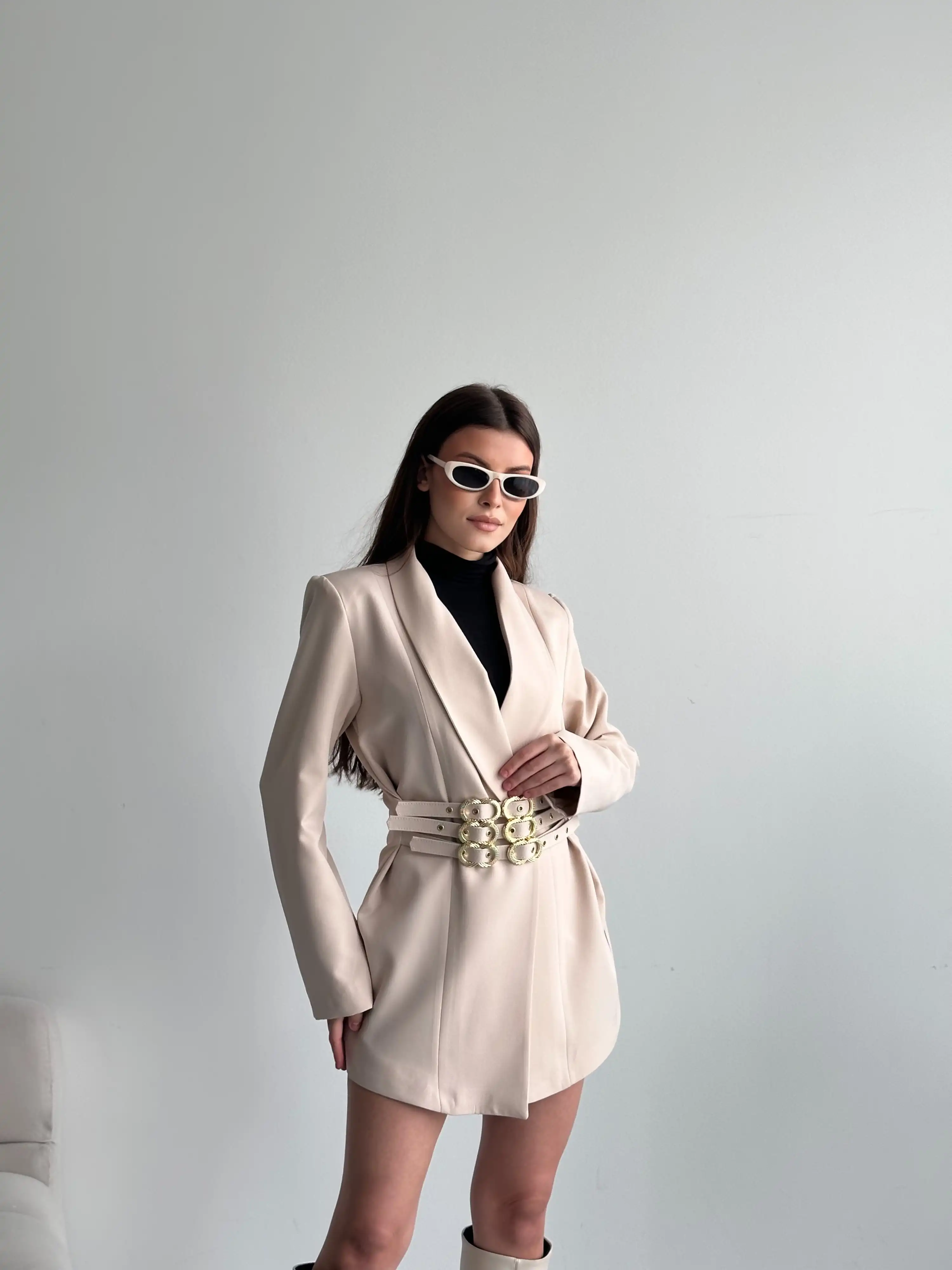 3 KEMER TASARIMLI BLAZER CEKET-KREM