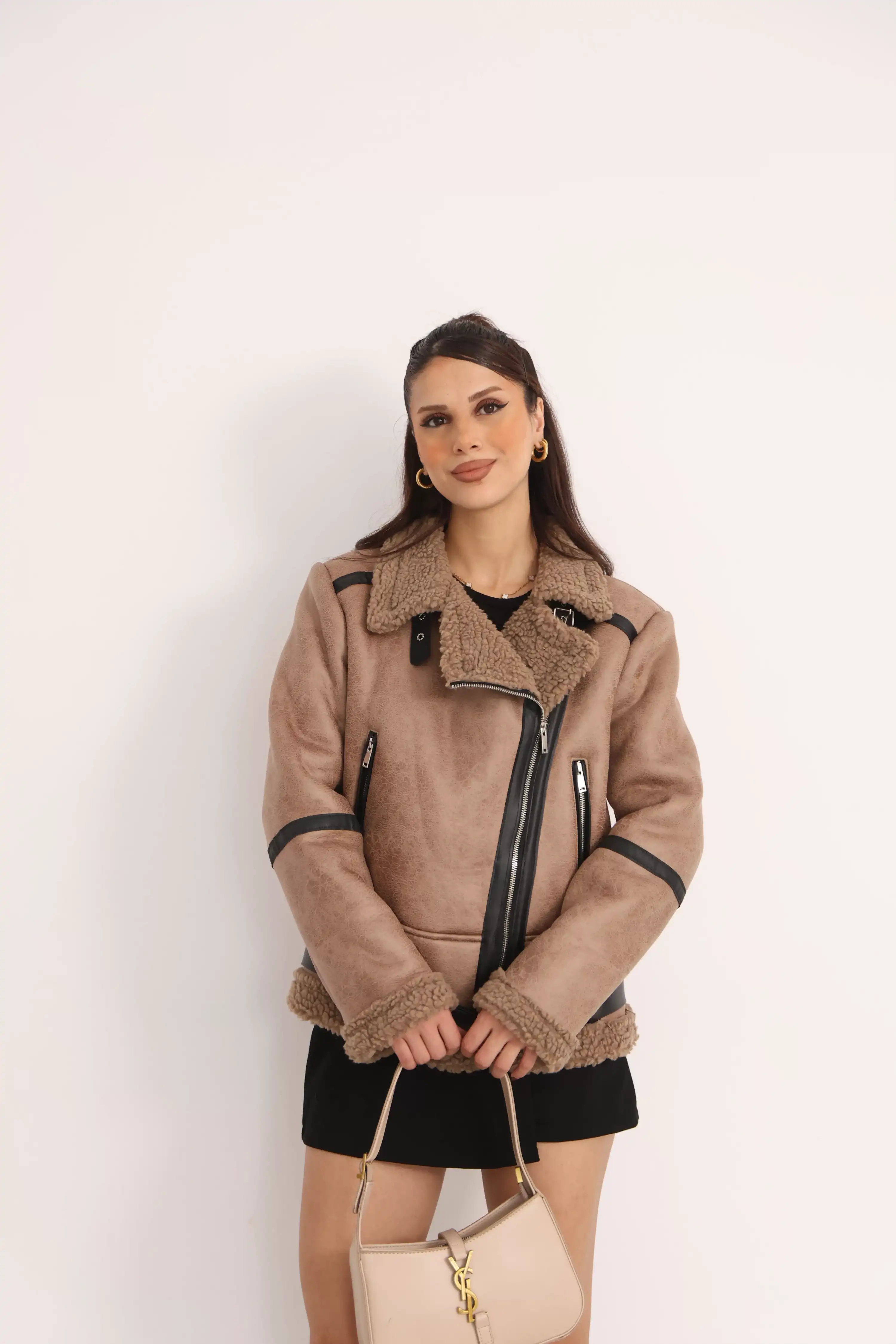 İÇİ PELUŞ DETAYLI BİKET CEKET-AÇIK KAHVE