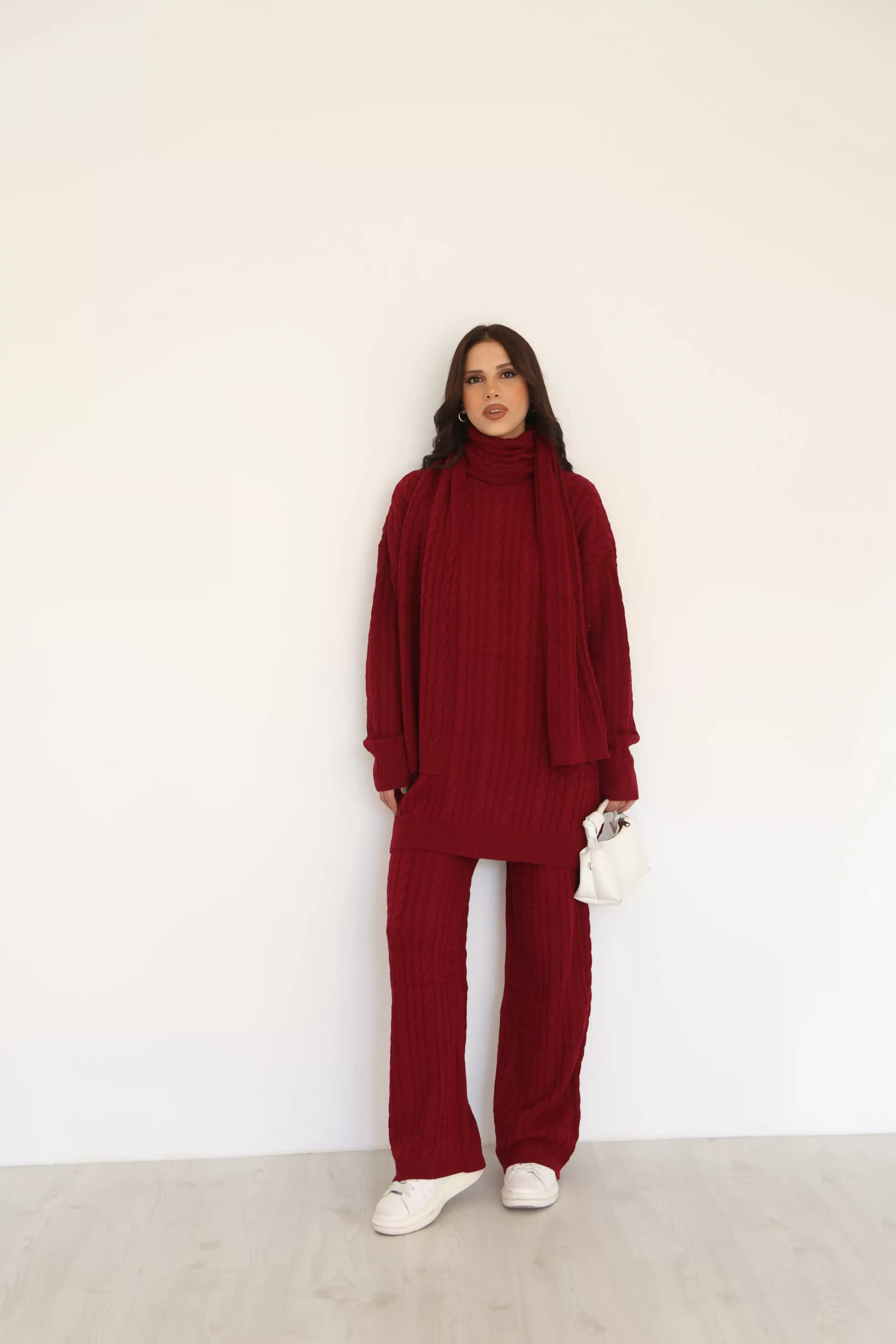 ŞAL DETAYLI TRİKO TAKIM-BORDO