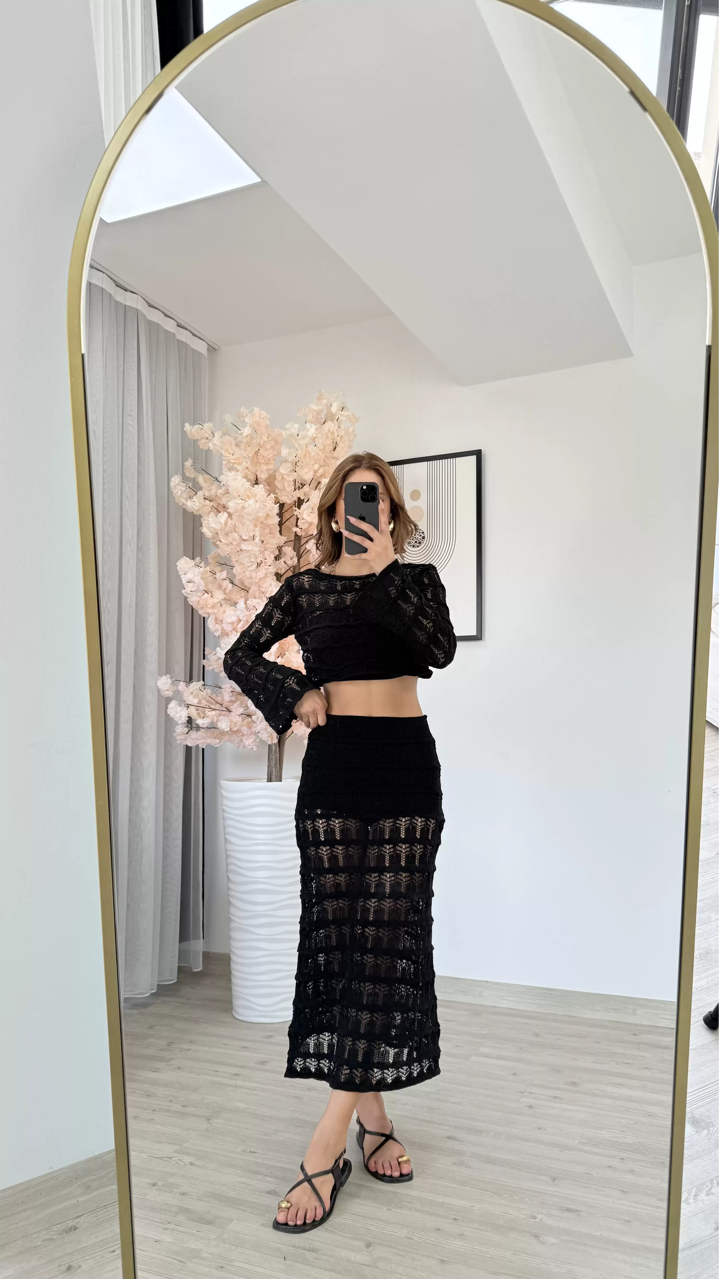 ÖRGÜ MODEL CROPLU TAKIM-SİYAH