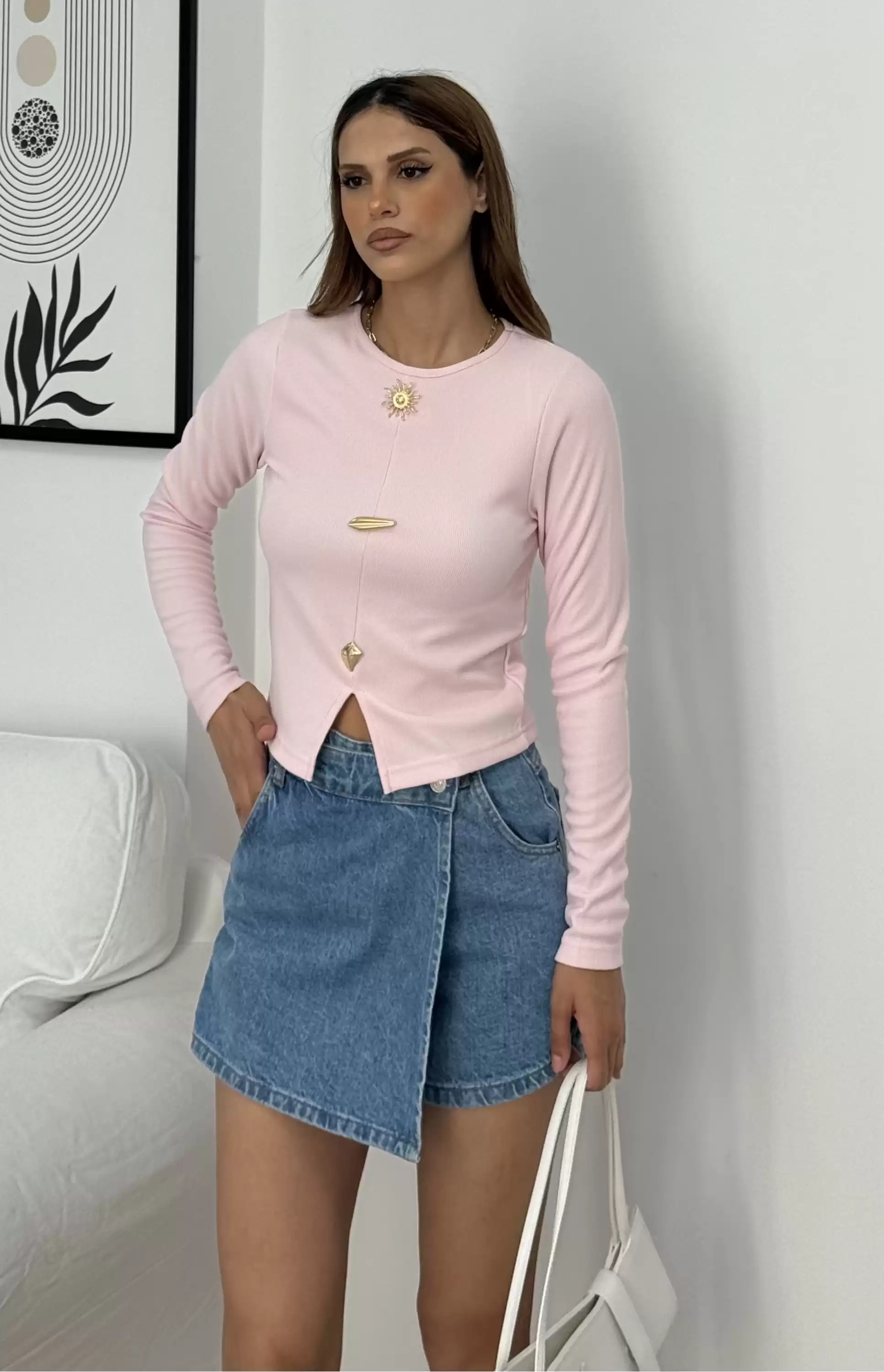 GOLD DÜĞMELİ UZUN KOL BLUZ-PEMBE