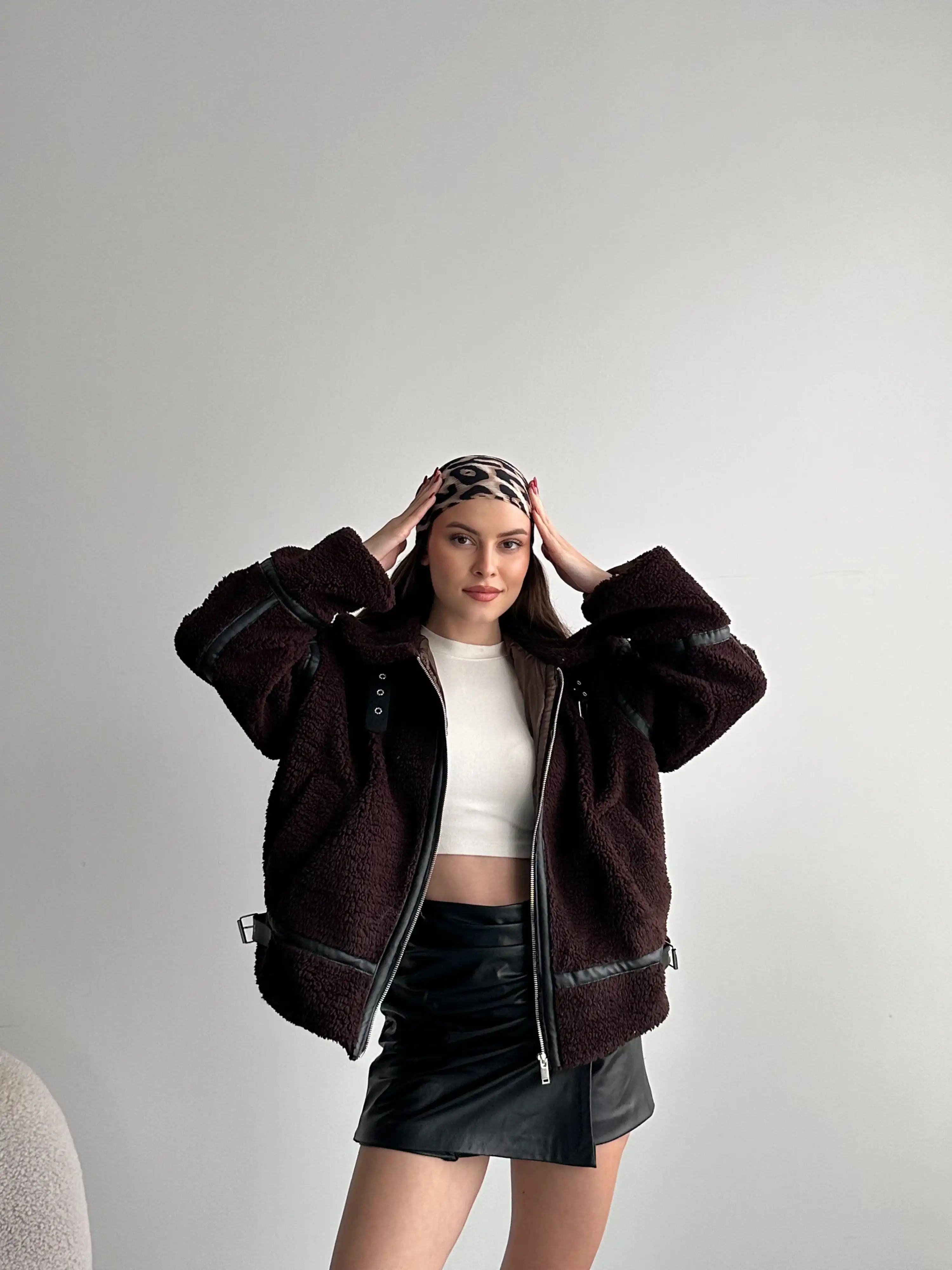 ASTARLI PELUŞ BİKER CEKET-KAHVE