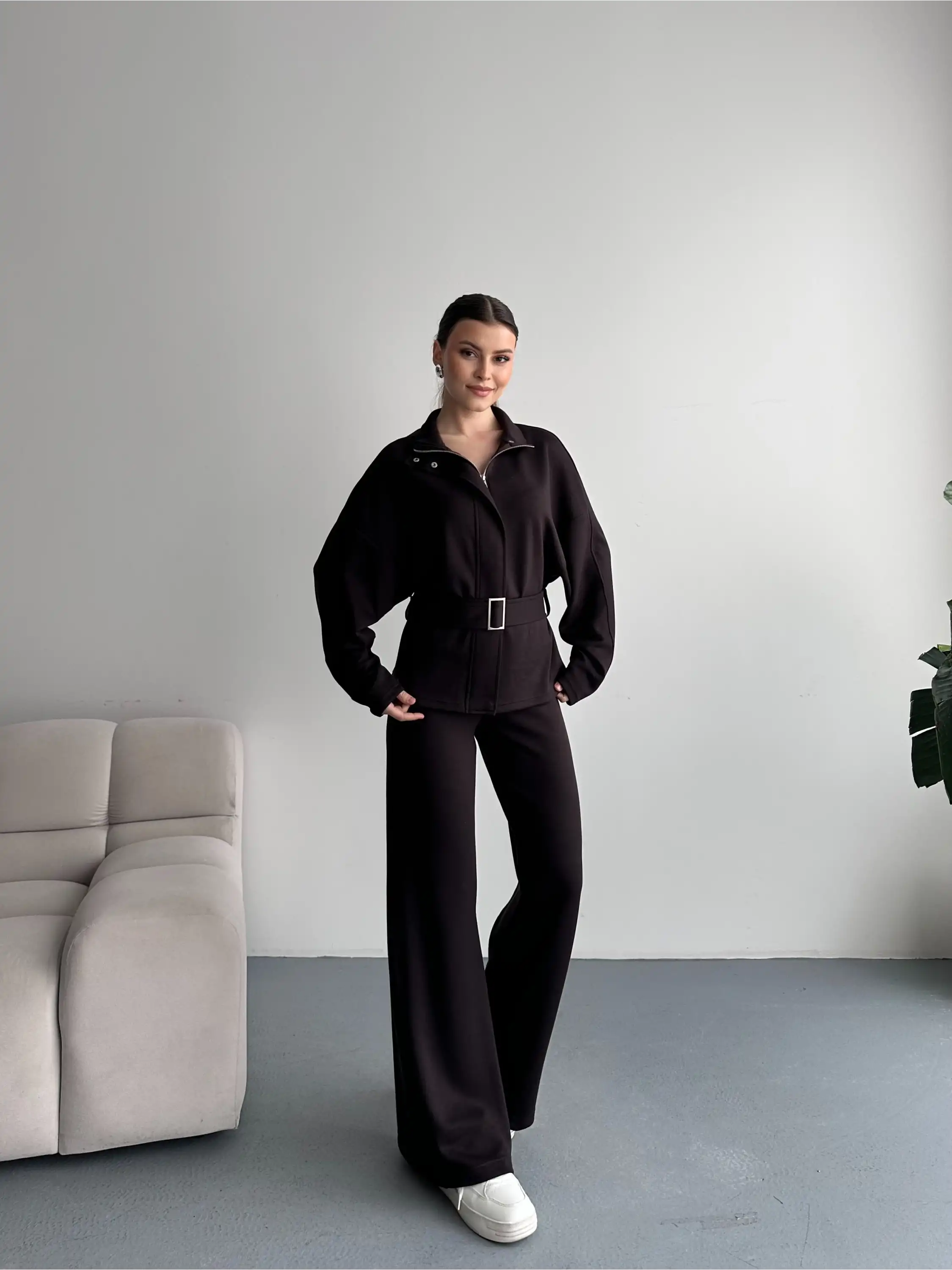 ASİL KEMER DETAYLI MODAL TAKIM-KAHVE