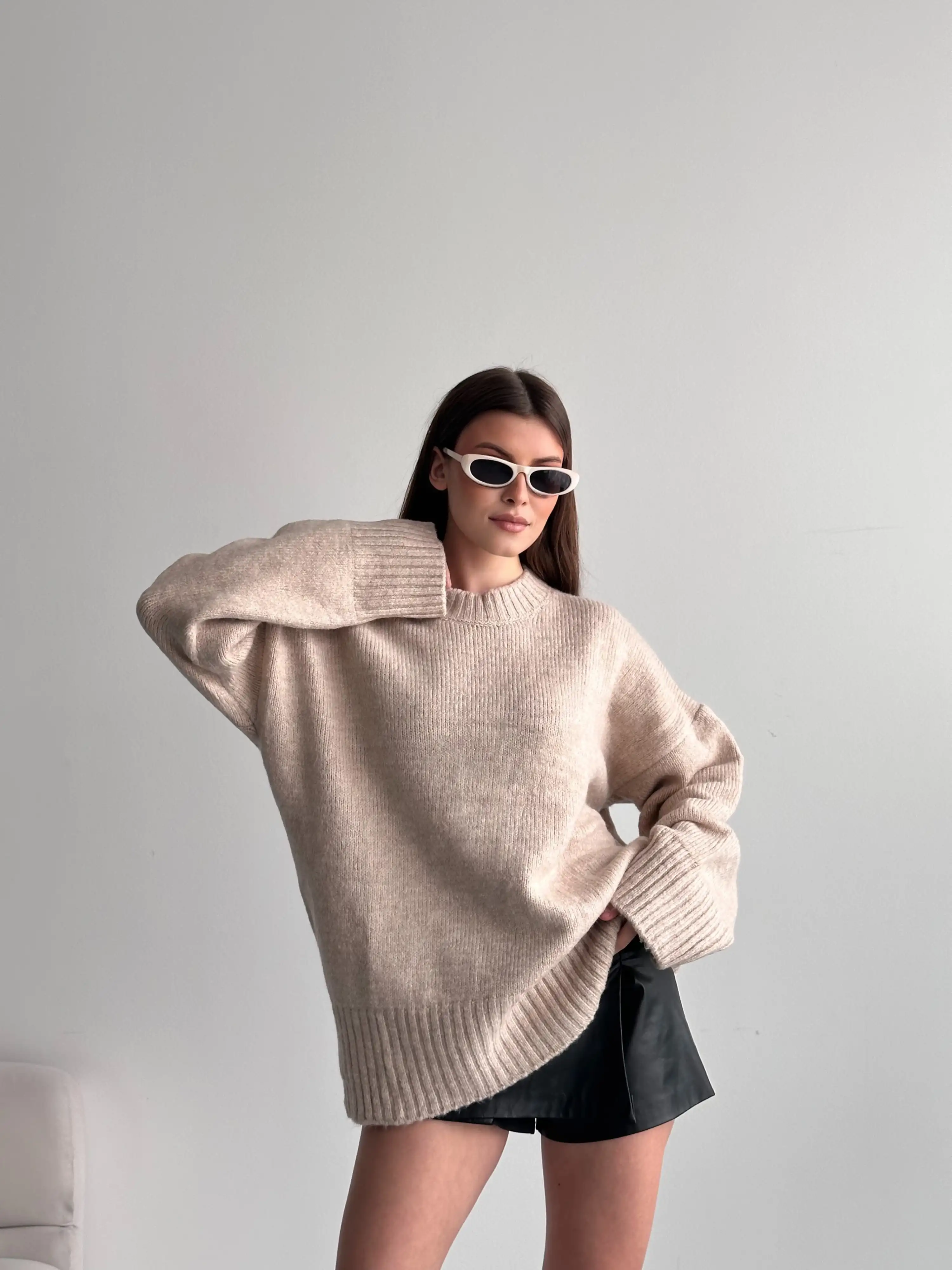 OVERSİZE BİSİKLET YAKA KAZAK-BEJ