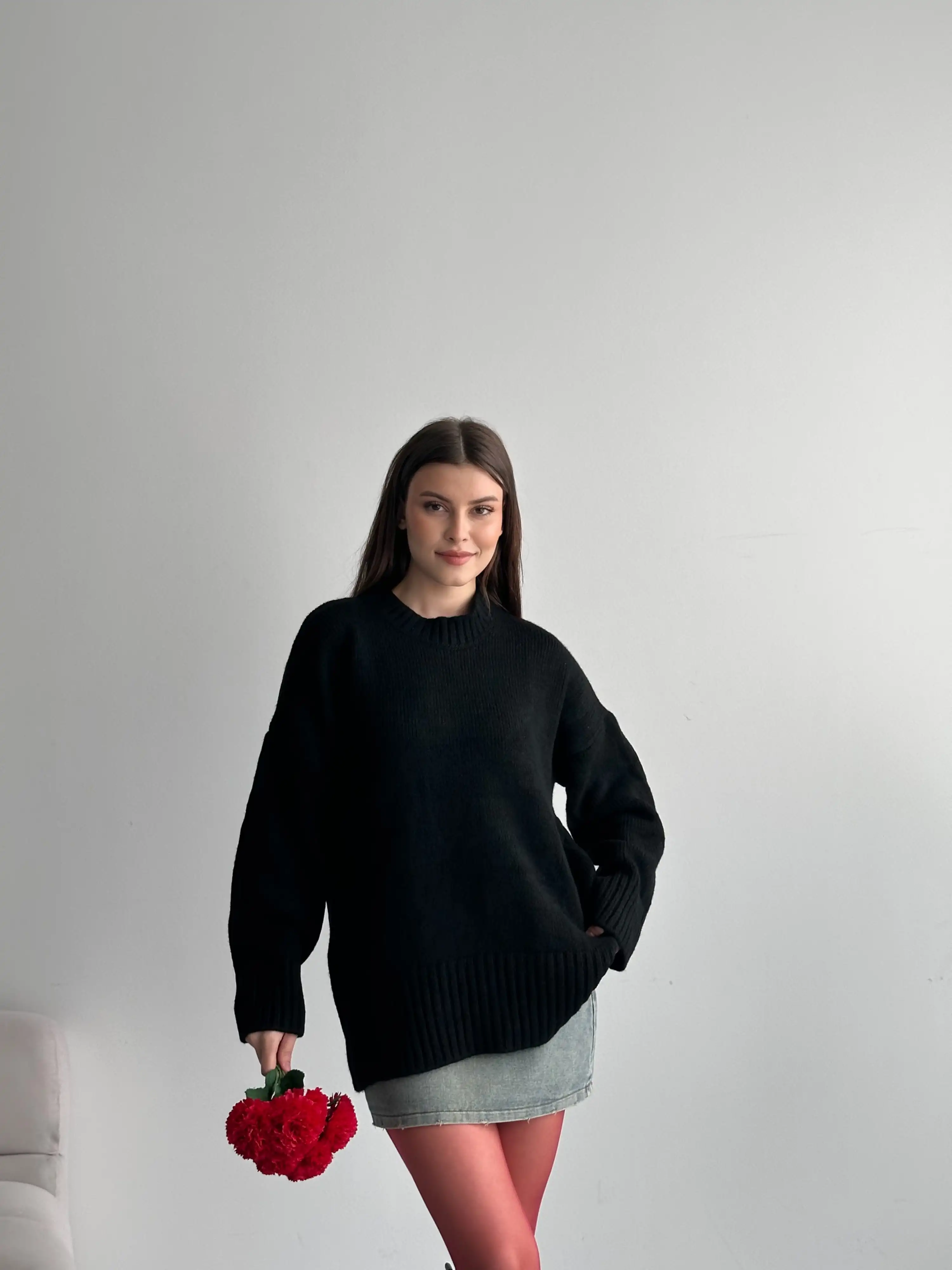 OVERSİZE BİSİKLET YAKA KAZAK-SİYAH