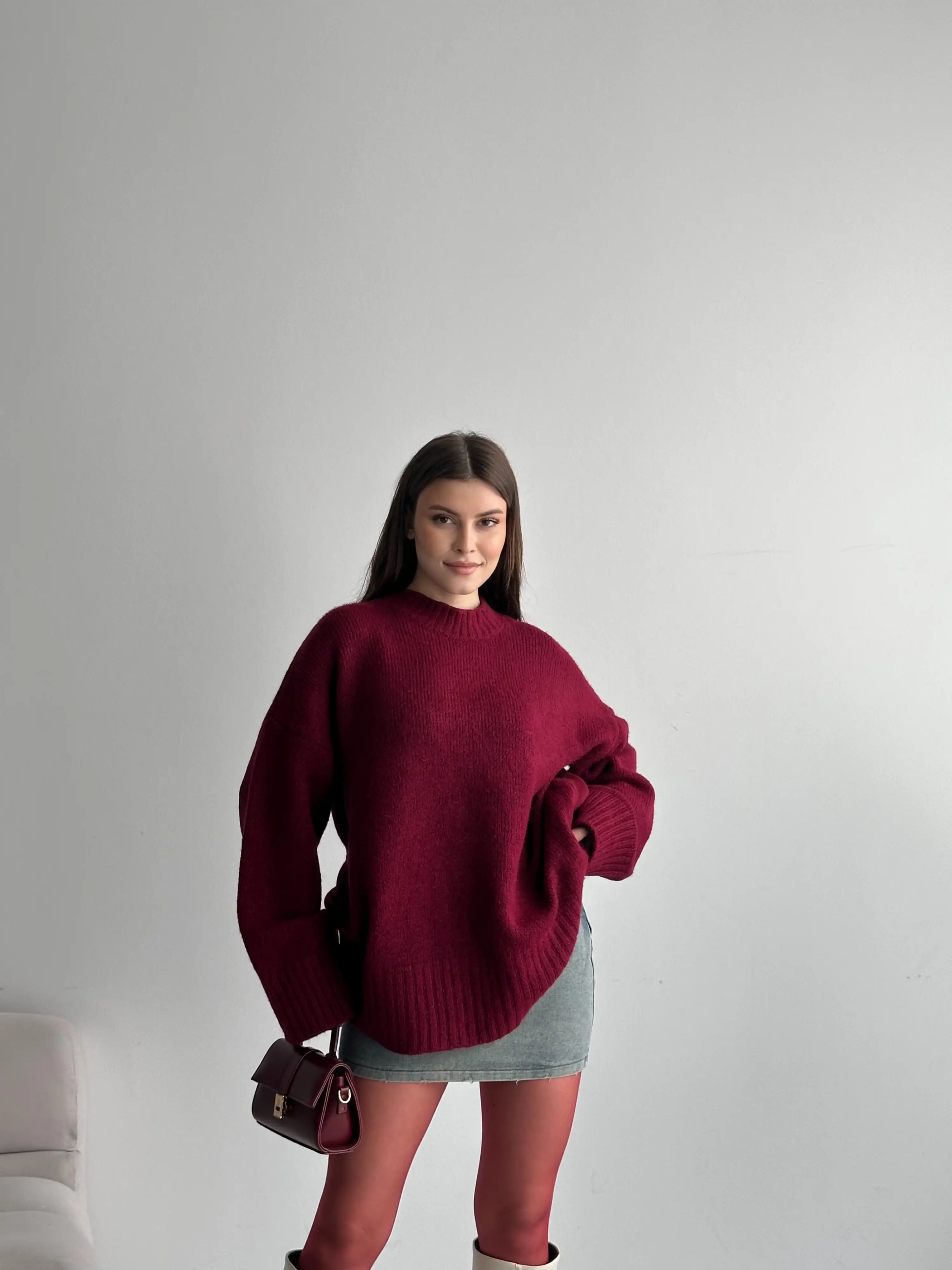 OVERSİZE BİSİKLET YAKA KAZAK-BORDO