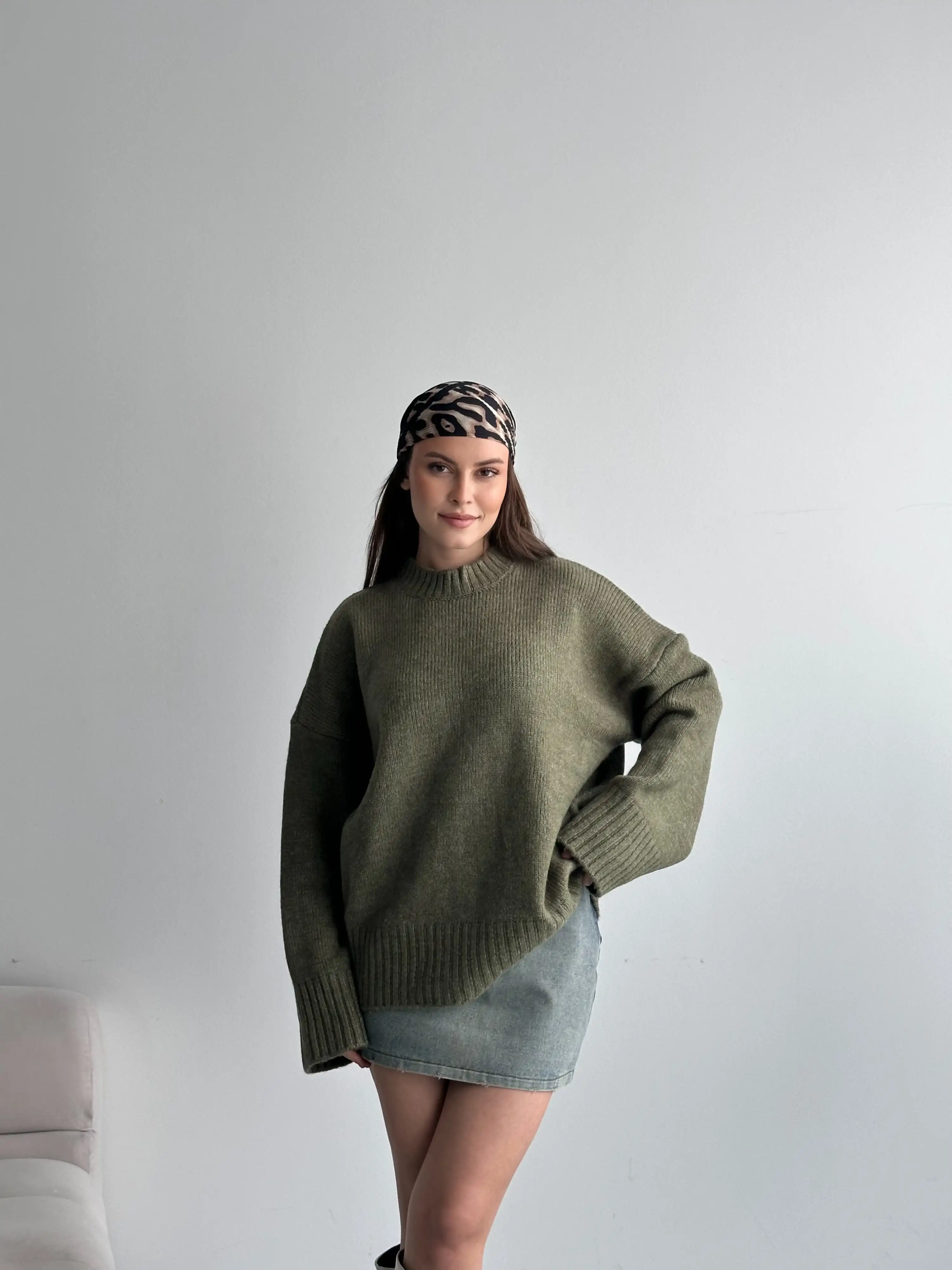 OVERSİZE BİSİKLET YAKA KAZAK-YEŞİL