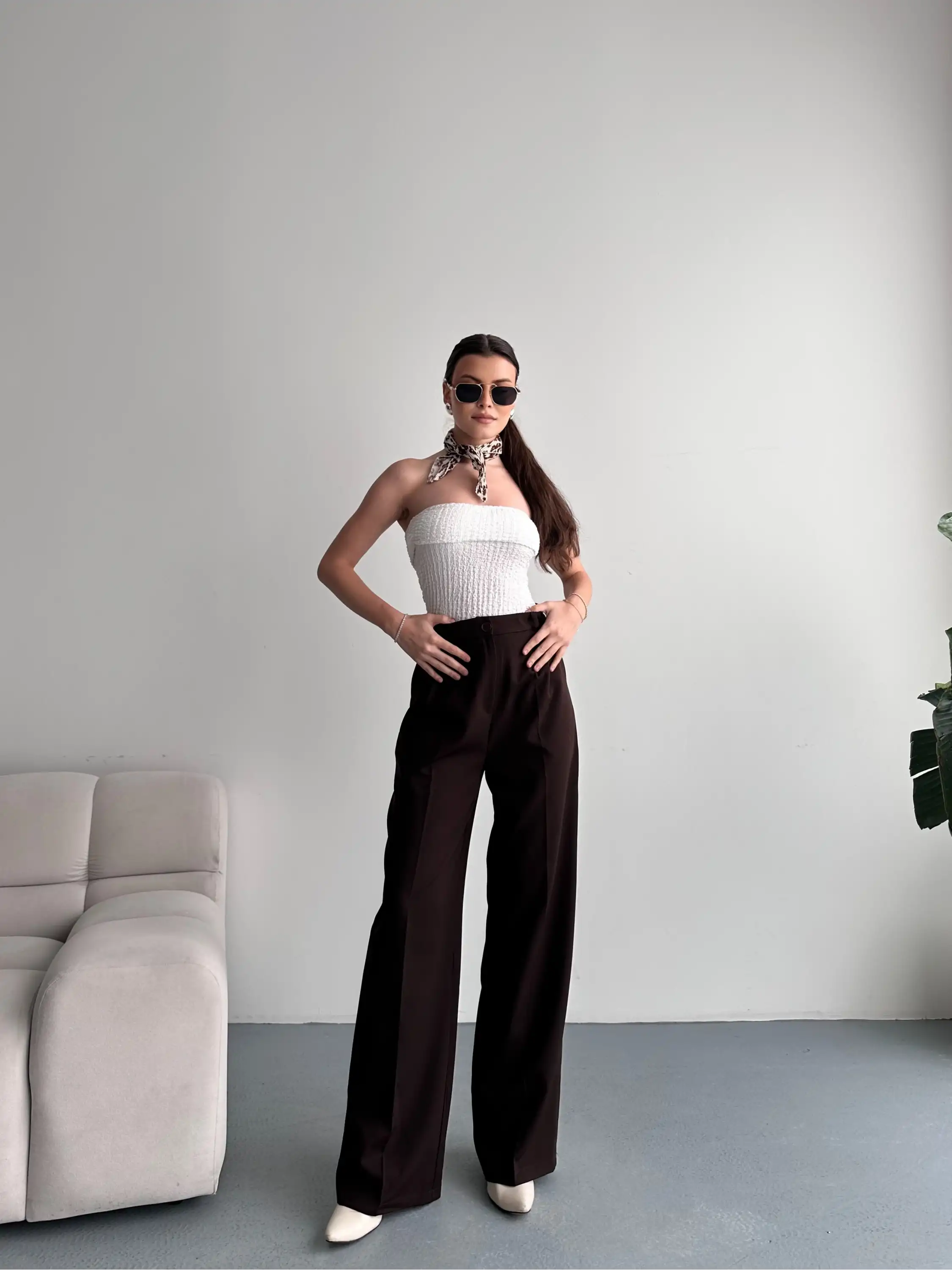 TEK DÜĞMELİ PALAZZO PANTOLON-KAHVE