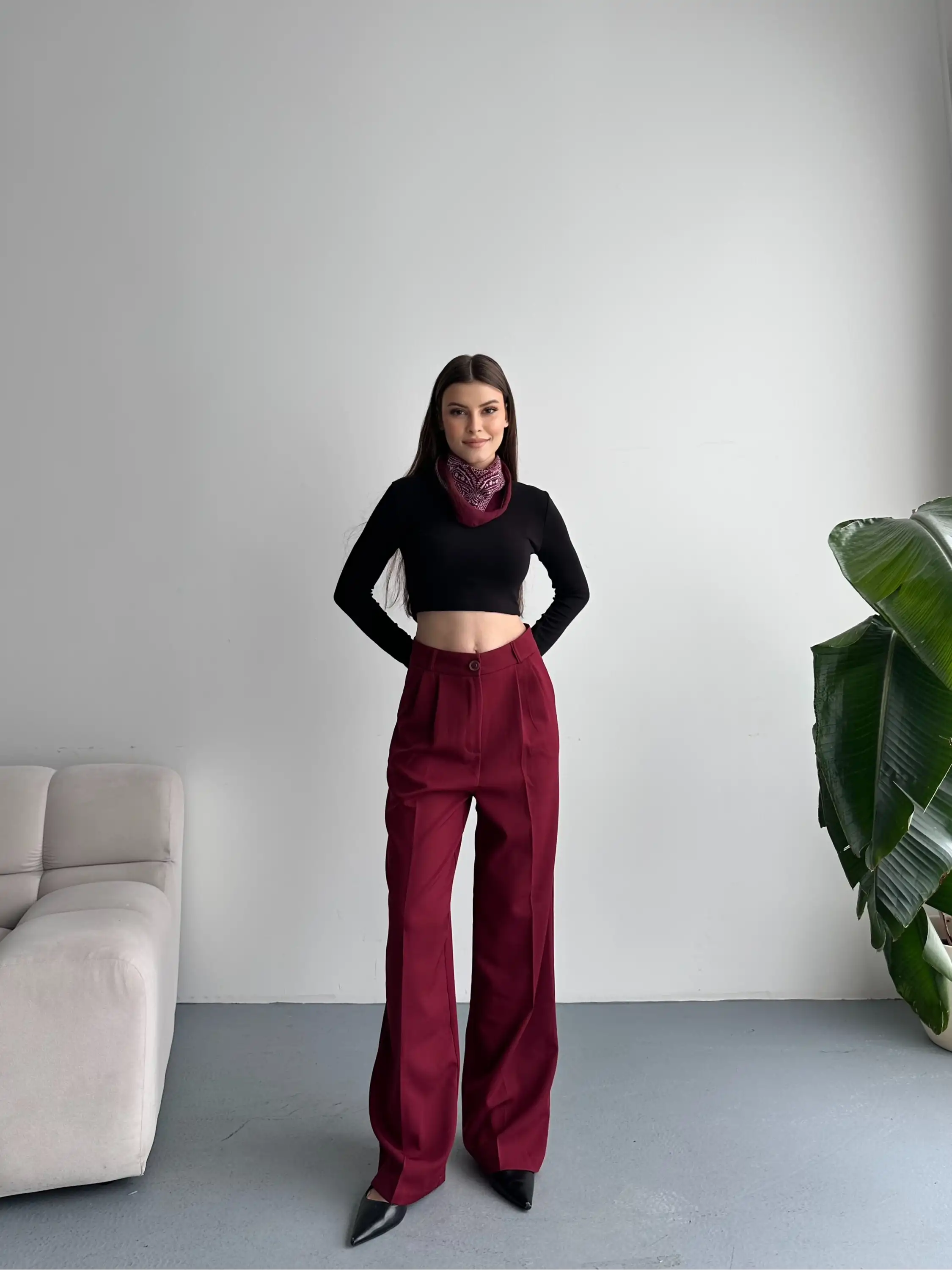 TEK DÜĞMELİ PALAZZO PANTOLON-BORDO