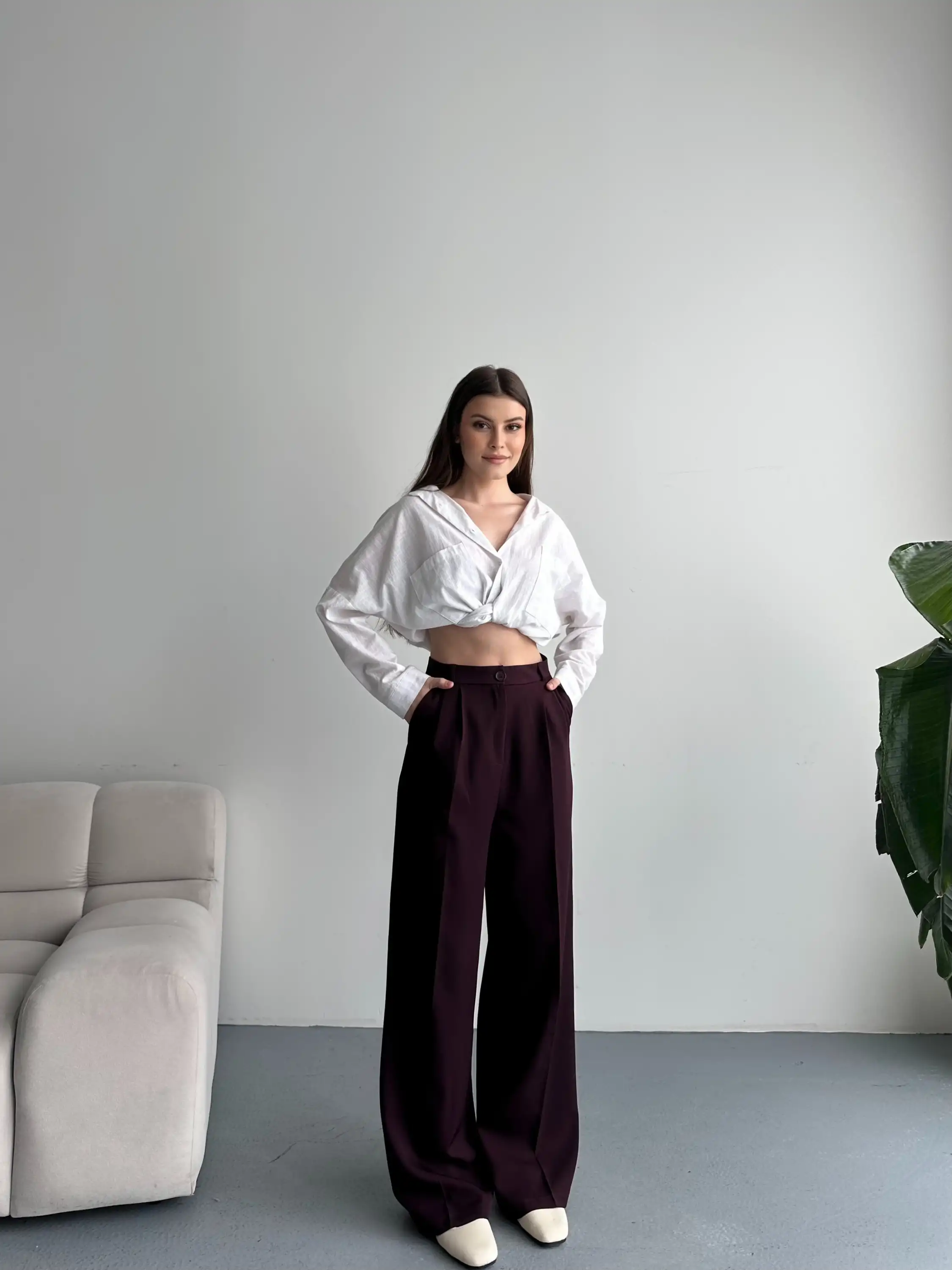 TEK DÜĞMELİ PALAZZO PANTOLON-MÜRDÜM