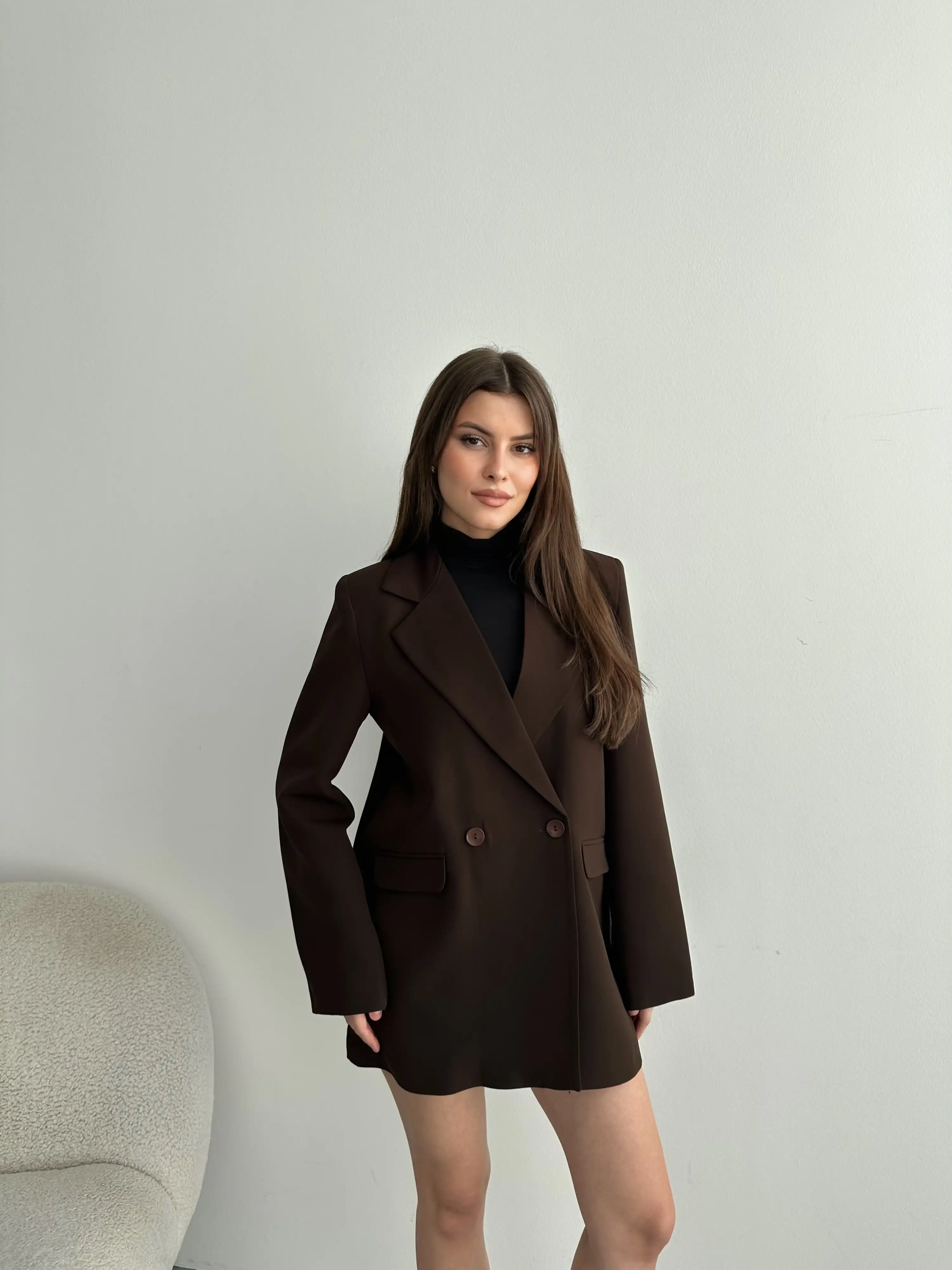 ASTARLI CEP DETAYLI BOL KESİM BLAZER CEKET-KAHVERENGİ