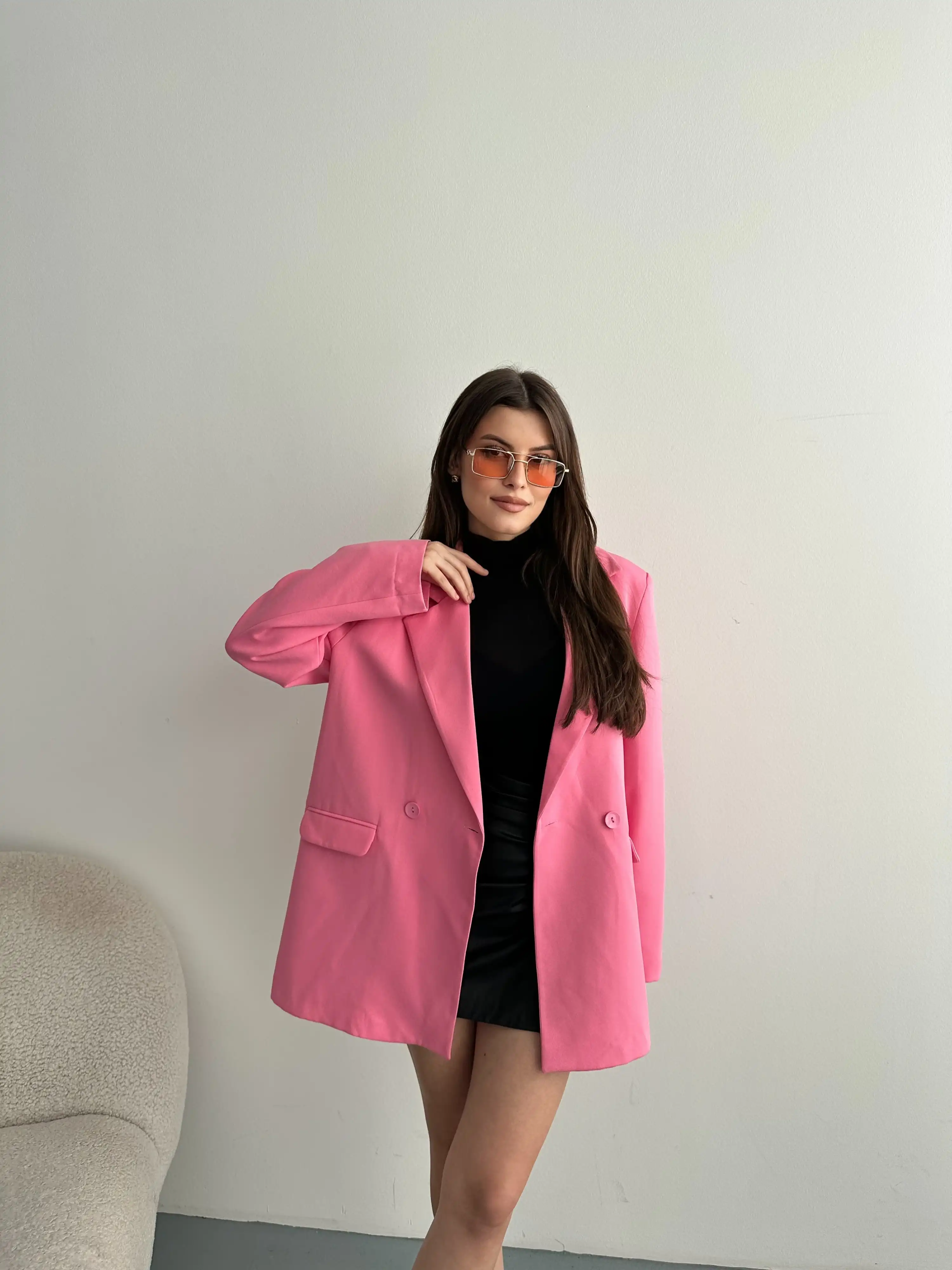 ASTARLI CEP DETAYLI BOL KESİM BLAZER CEKET-PEMBE