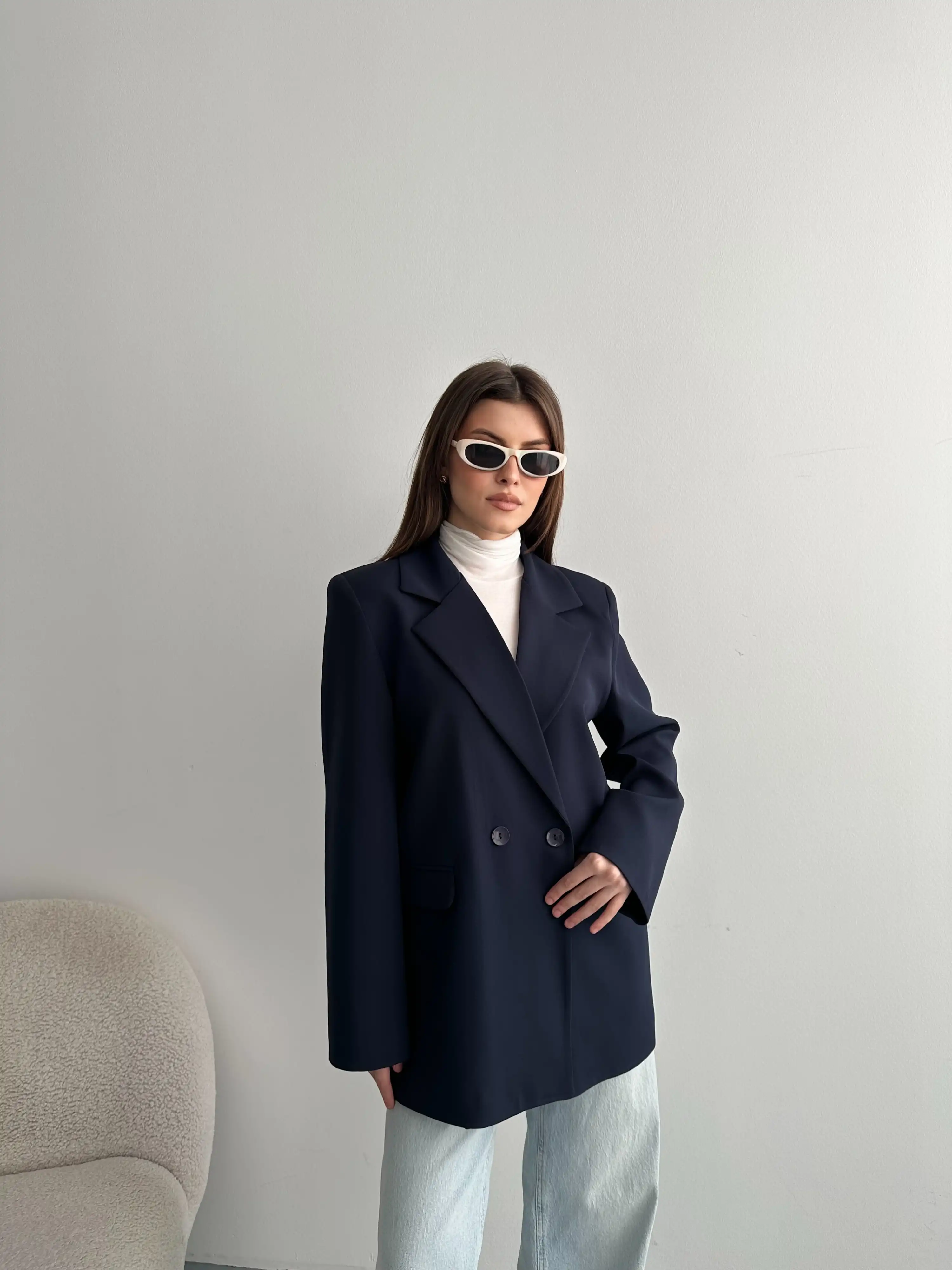 ASTARLI CEP DETAYLI BOL KESİM BLAZER CEKET-LACİVERT