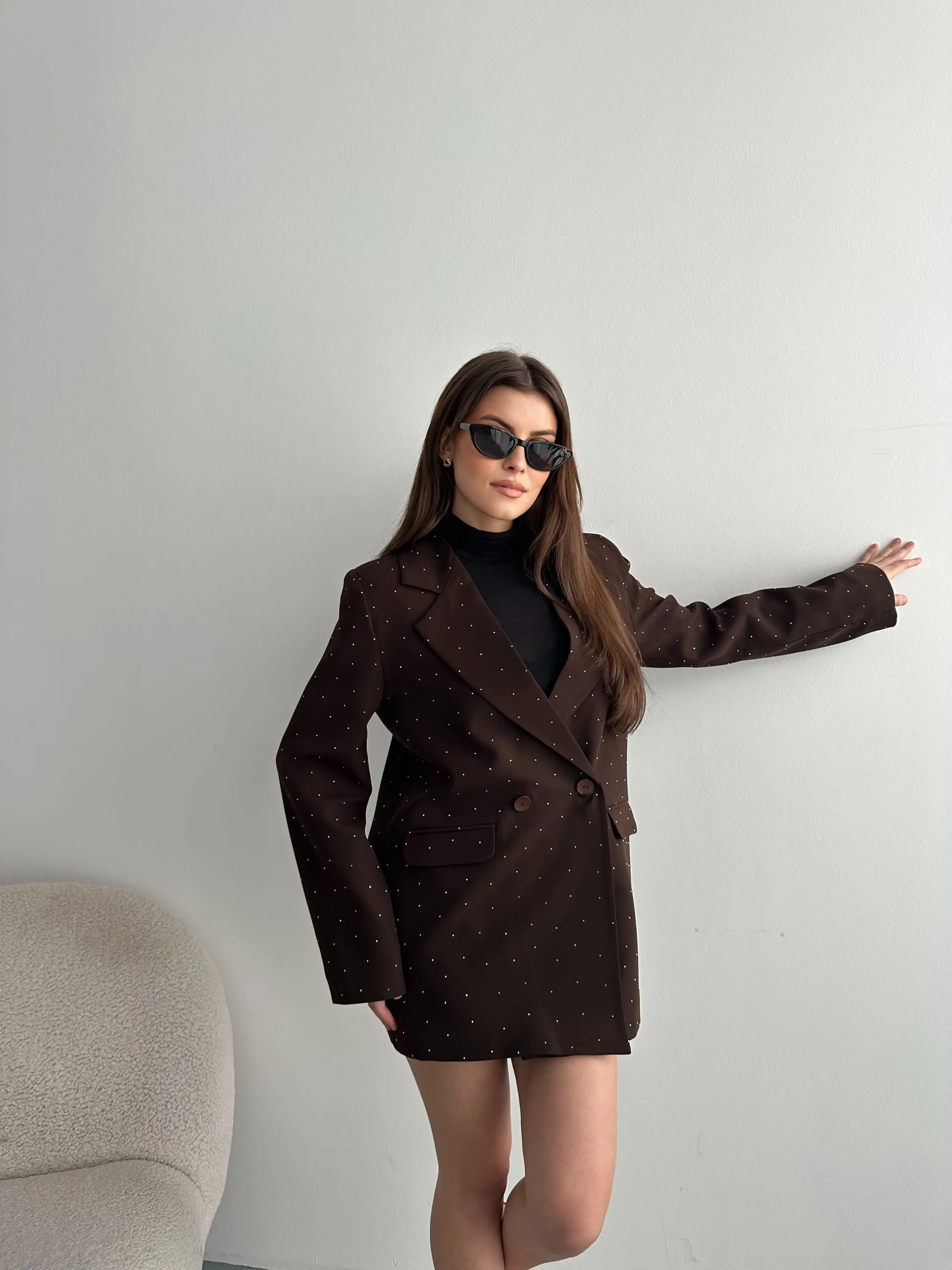 TAŞ İŞLEMELİ ASTARLI BLAZER CEKET-KAHVE