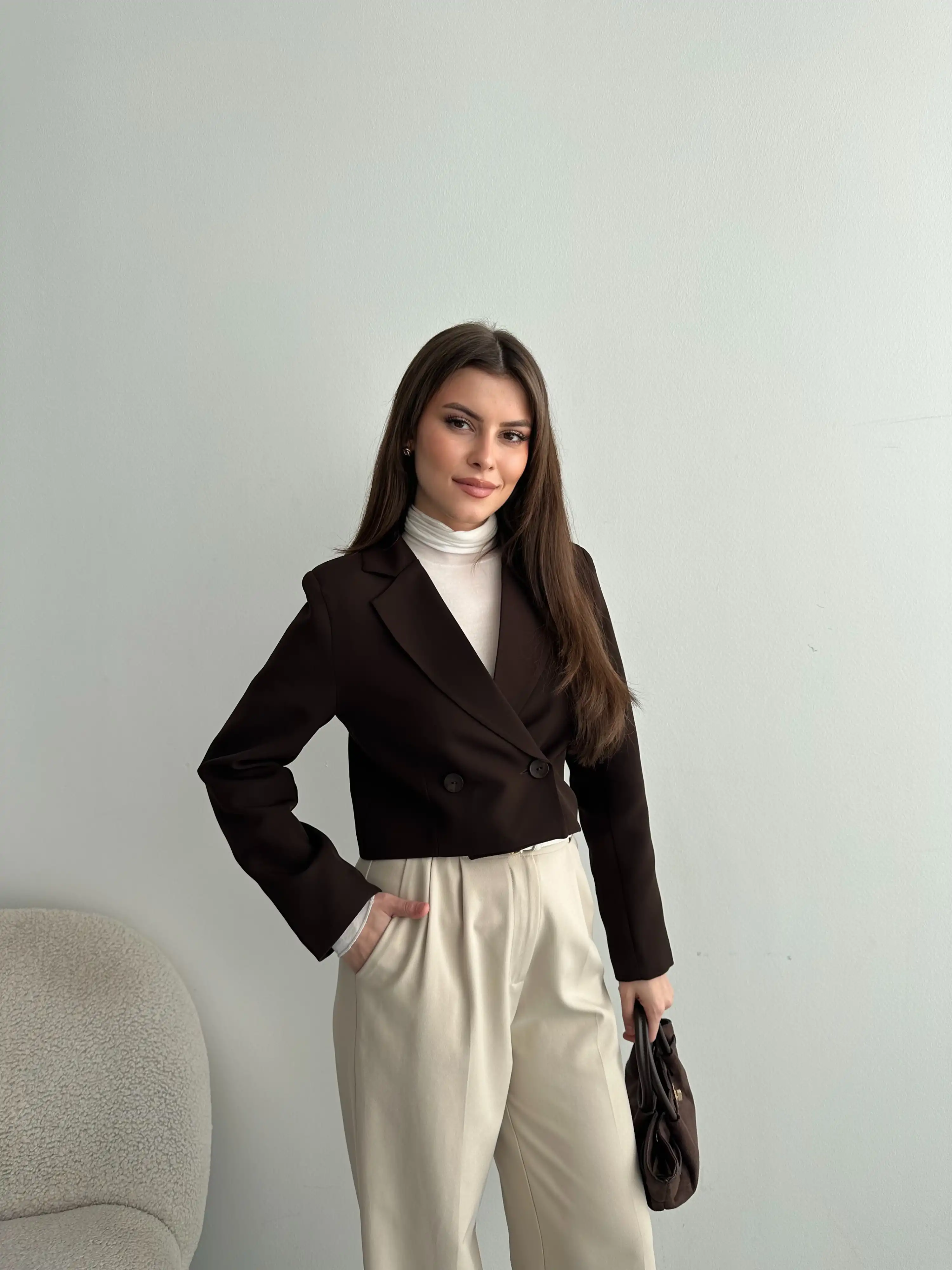 DÜĞMELİ CROP BLAZER CEKET-KAHVE