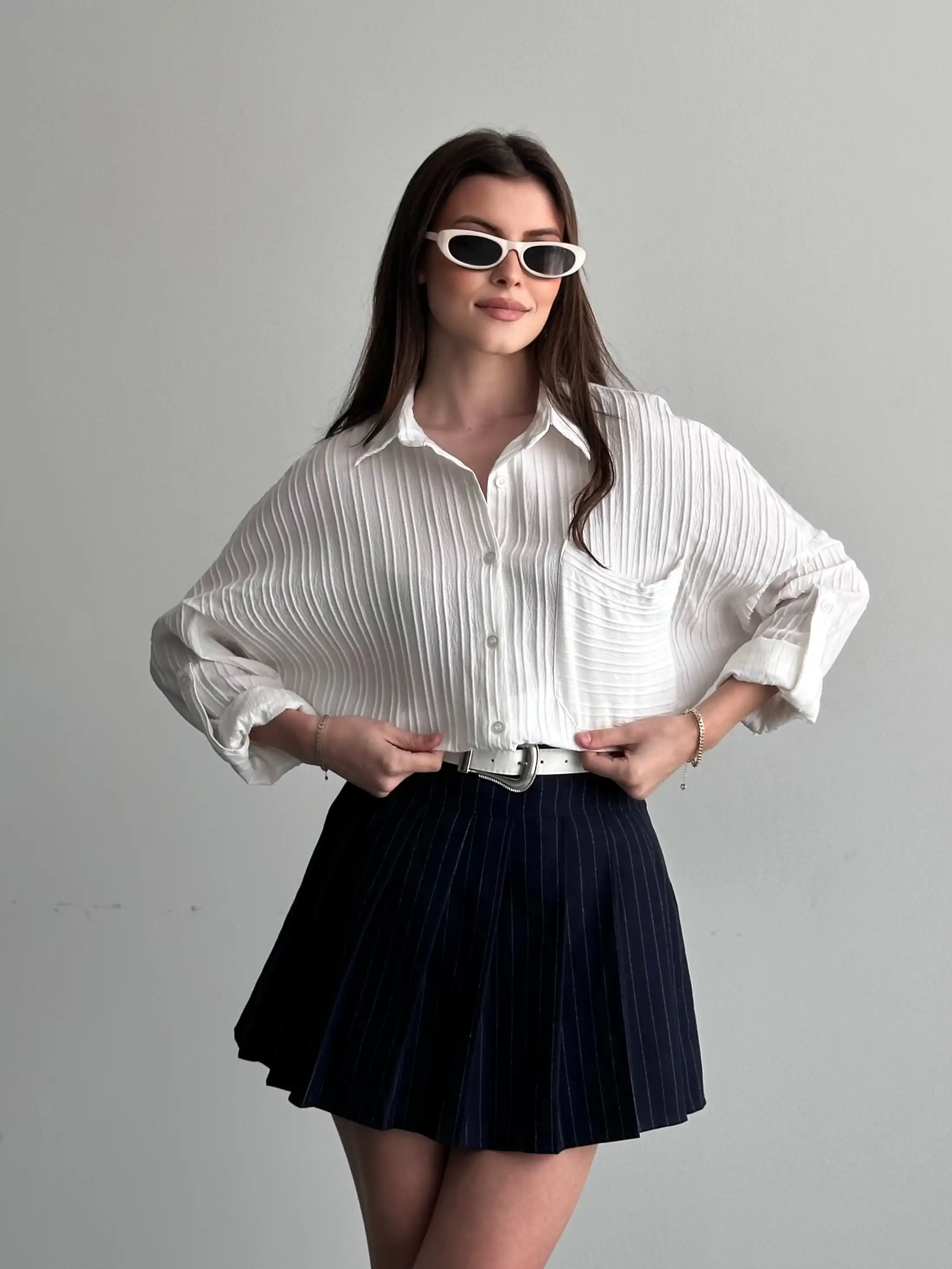 ŞERİT DESENLİ OVERSIZE GÖMLEK-BEYAZ