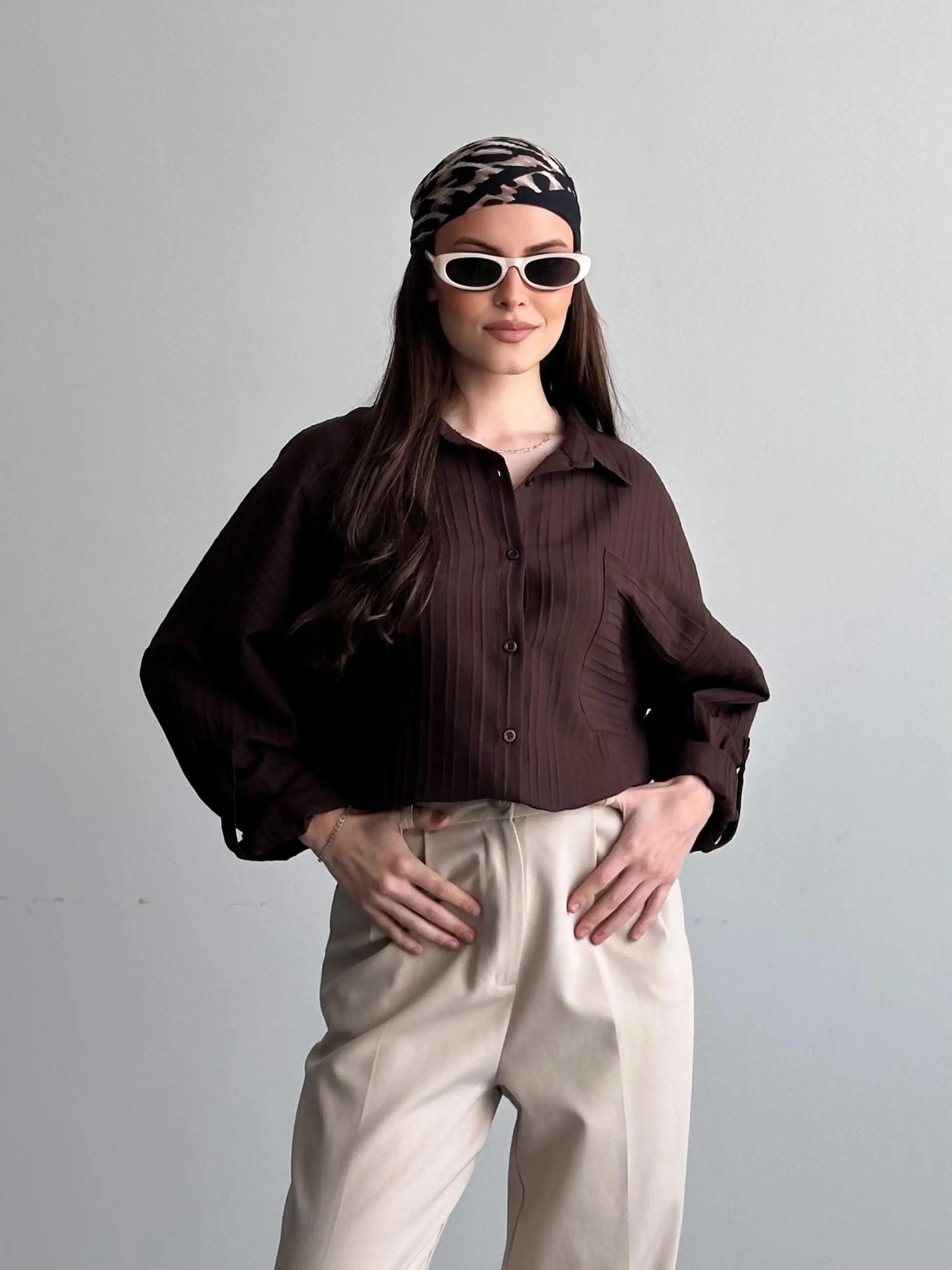 ŞERİT DESENLİ OVERSIZE GÖMLEK-KAHVE