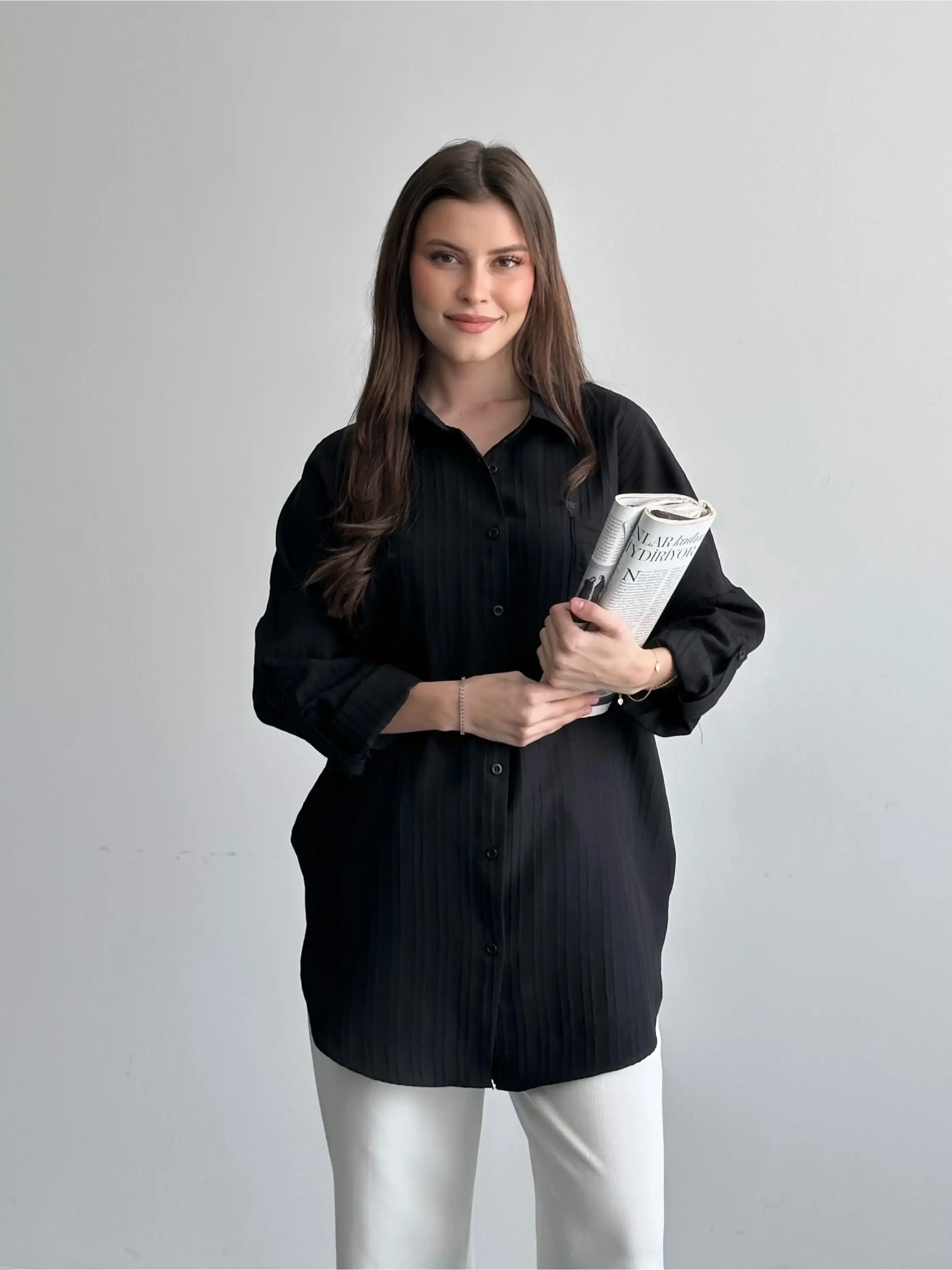 ŞERİT DESENLİ OVERSIZE GÖMLEK-SİYAH