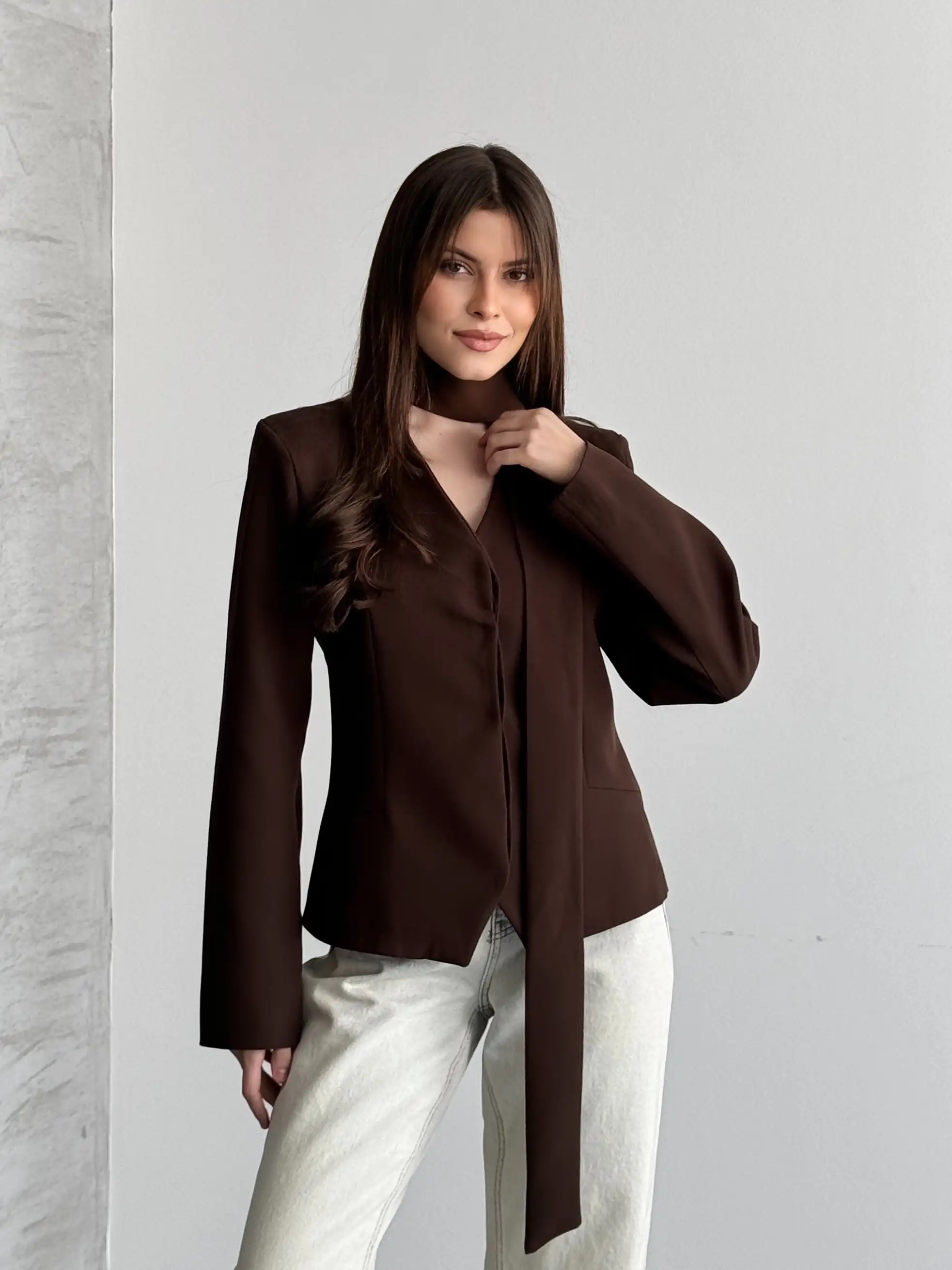 V YAKA GİZLİ DÜĞMELİ ŞALLI BLAZER CEKET-KAHVE