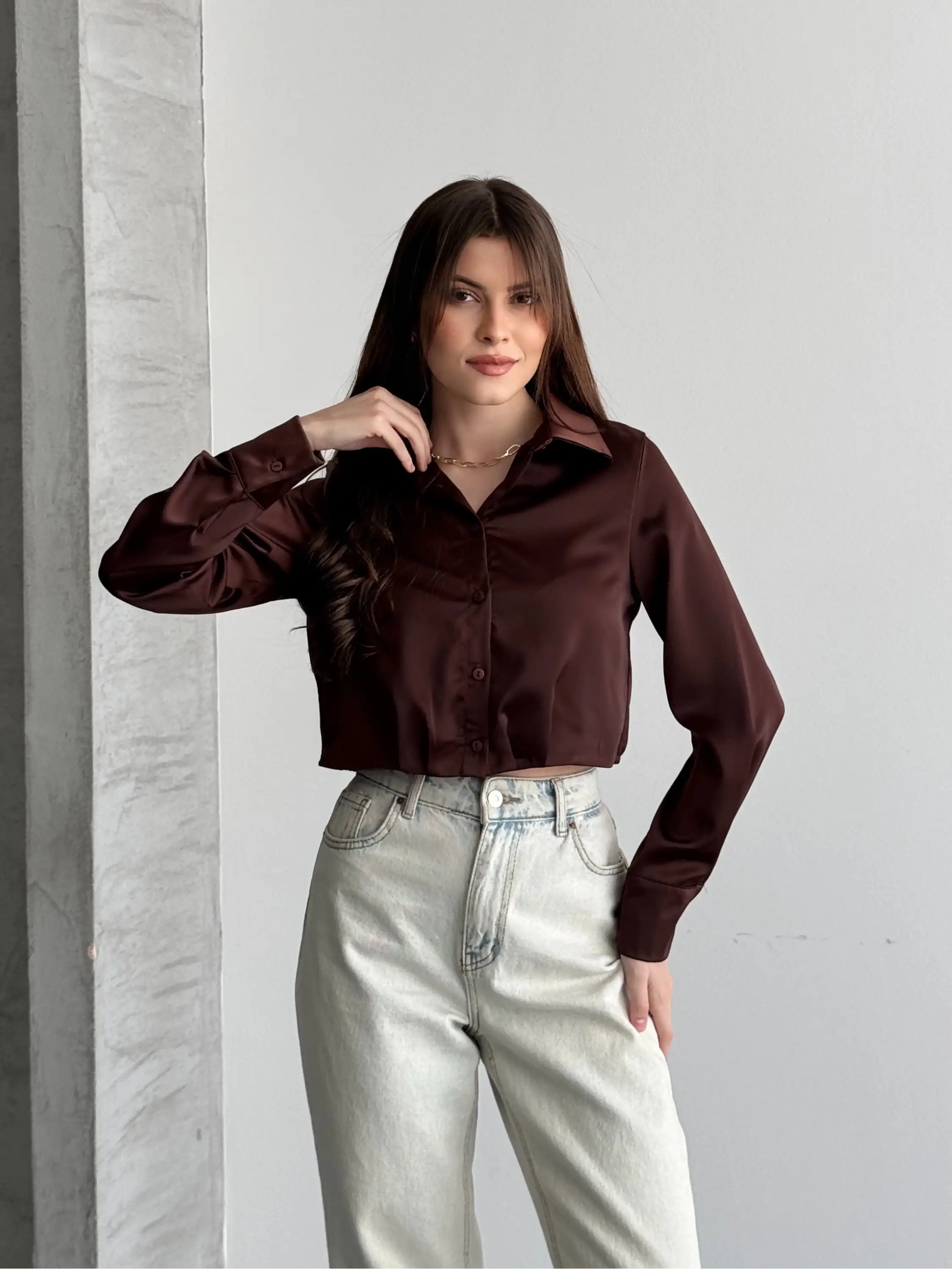 CROP SATEN GÖMLEK-KAHVE