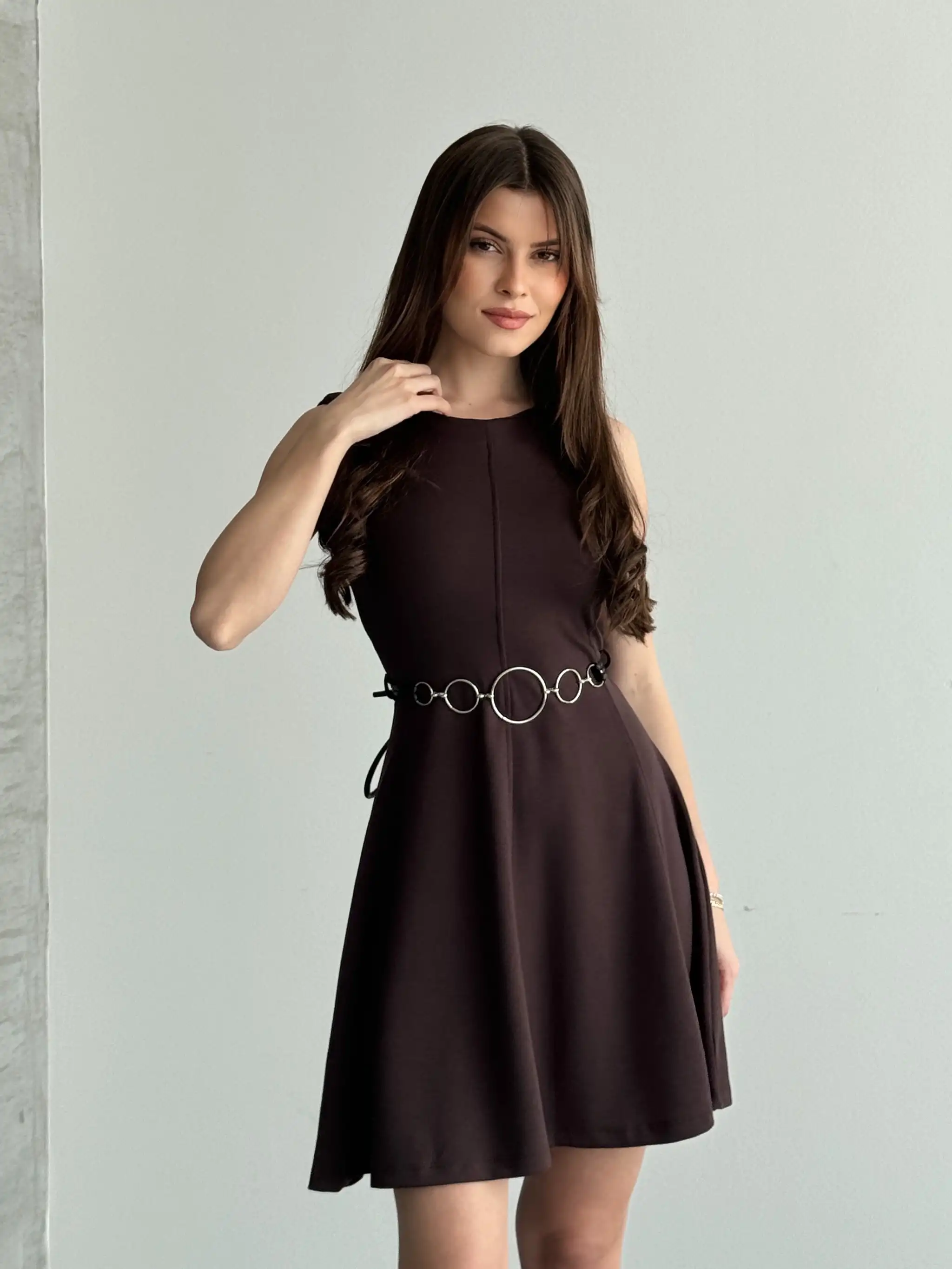 ALTI VOLANLI SIFIR KOL ELBİSE-KAHVE