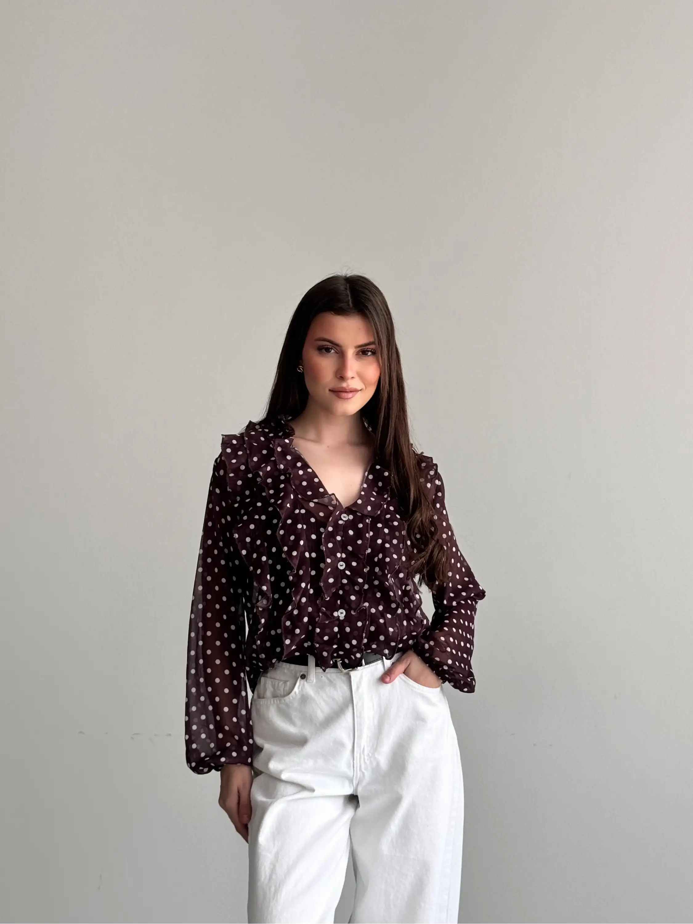 PUANTİYELİ FIRFIR DETAYLI BLUZ-KAHVE