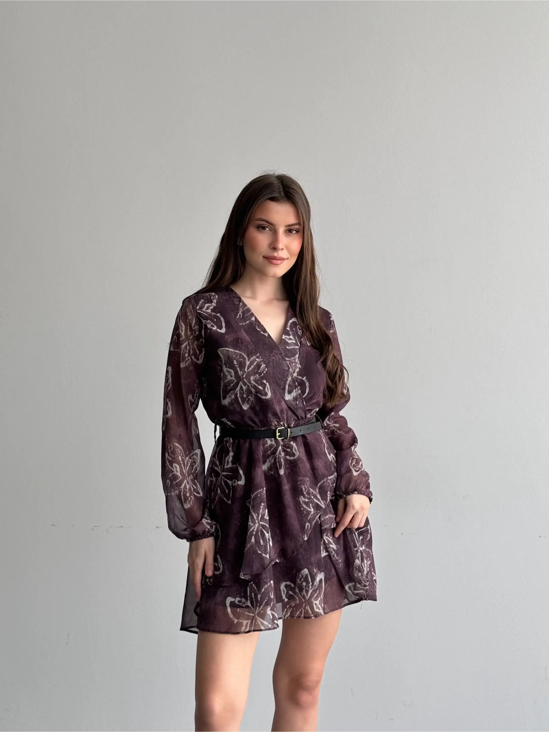 KLOŞ KEMERLİ ŞİFON ELBİSE-MOR