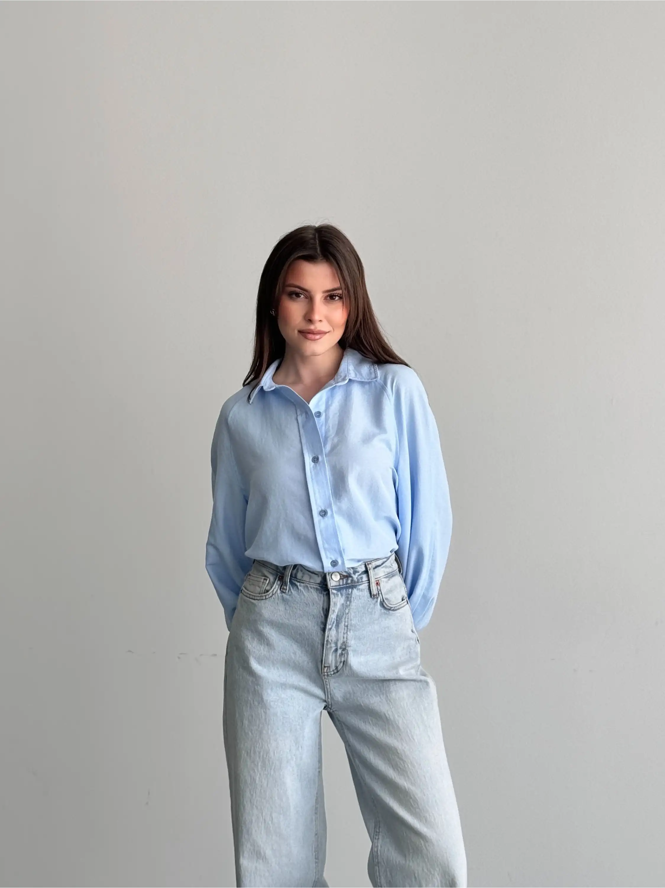 KALIN MANŞETLİ BALON KOL GÖMLEK-MAVİ